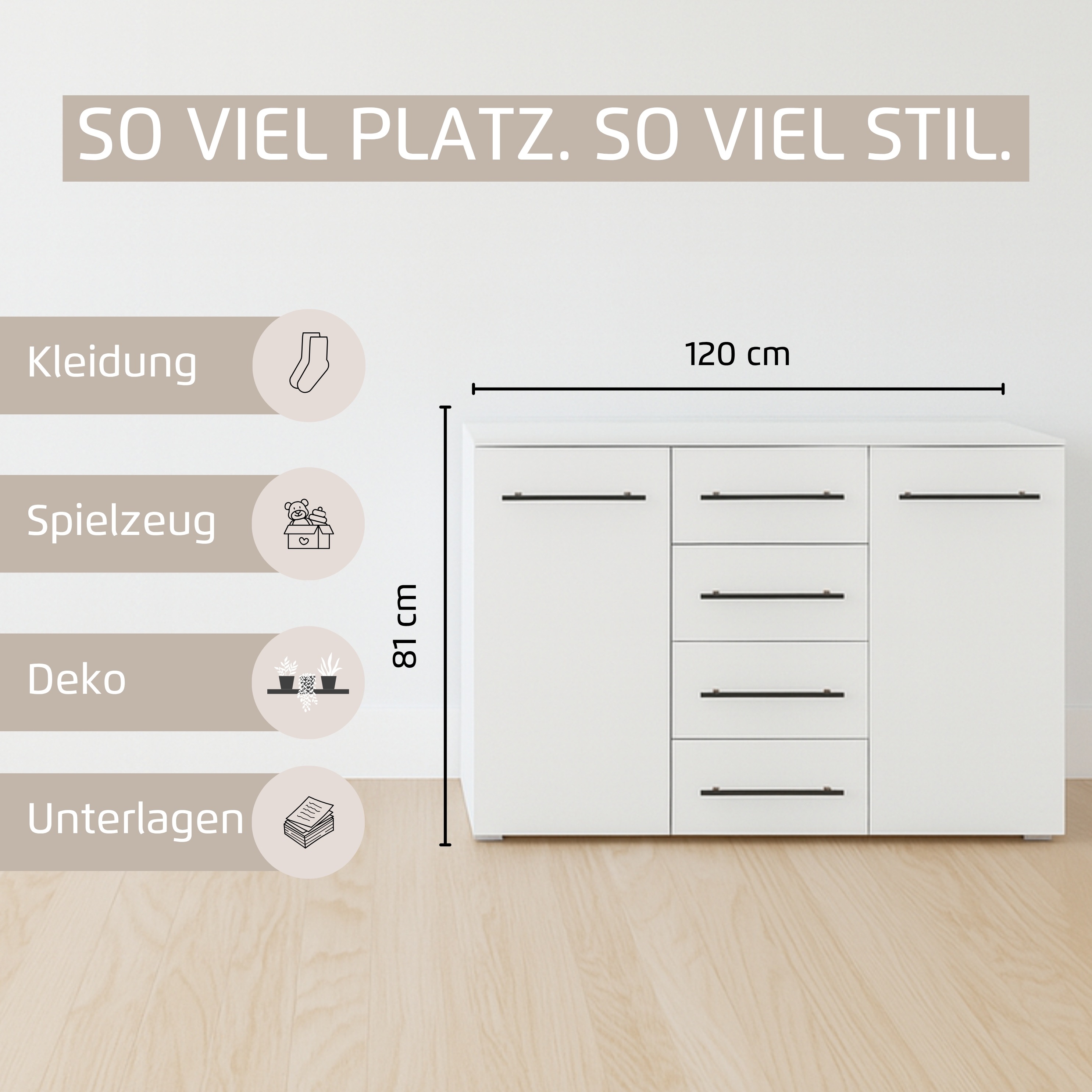 Thumbnail - rauch Kombikommode "Sideboard Schubladenkommode AVOLA mit Dekorfront" Breite 120 cm inkl. Soft-Close-Funktion, 2 Griff-F...
