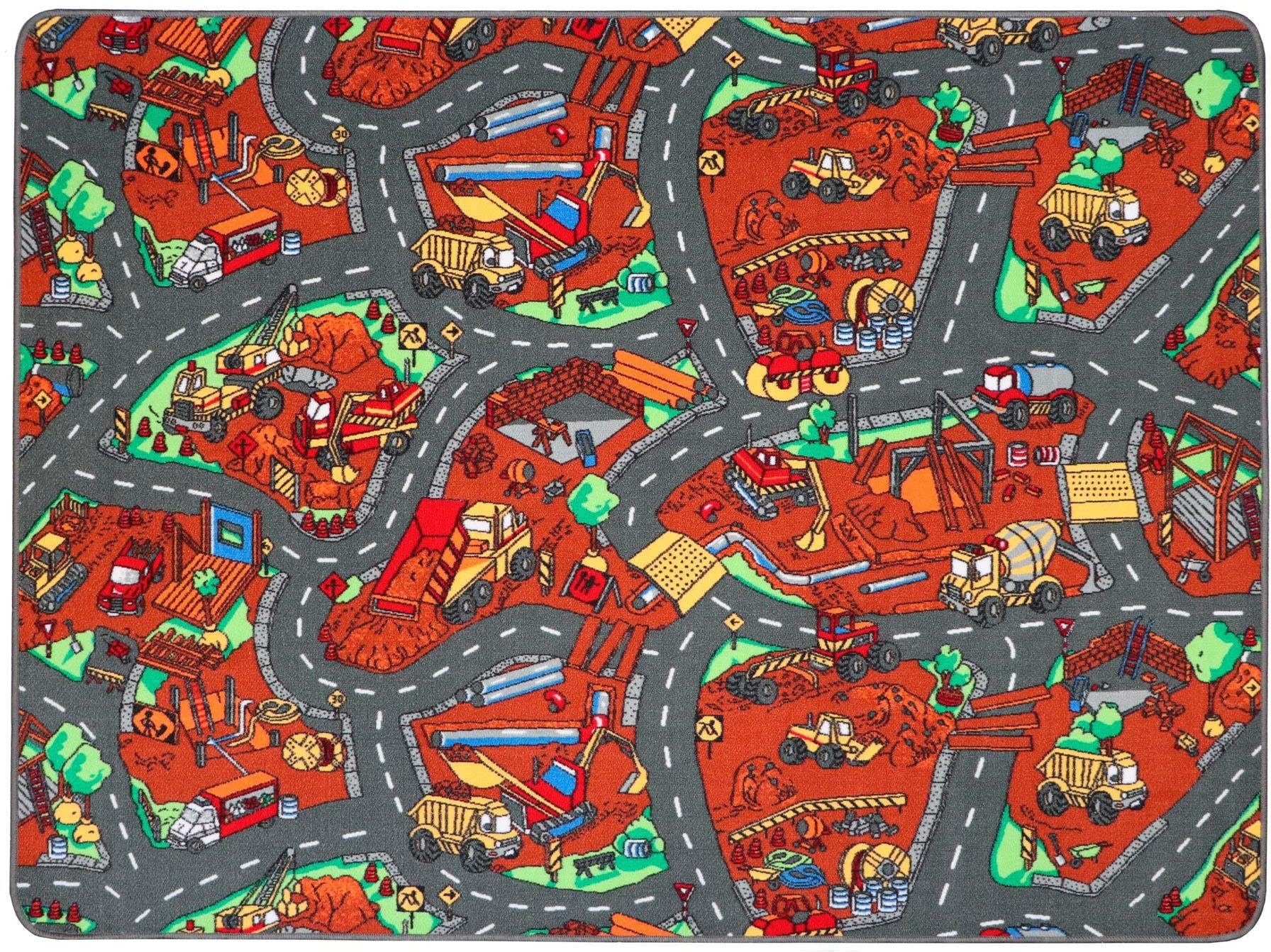 Primaflor-Ideen in Textil Kinderteppich "BAUSTELLE", rechteckig, 5 mm Höhe, Straßen-Spiel-Teppich, Kinderzimmer