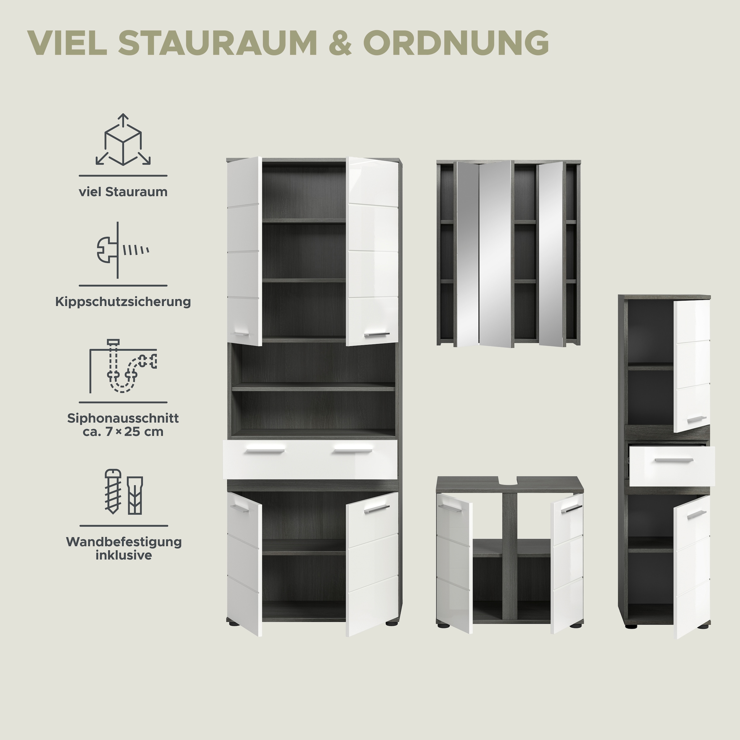 welltime Badmöbel-Set »LUCCA, 4-tlg. Badkombination, viel Stauraum, modernes Design« 4 Stk. tlg.