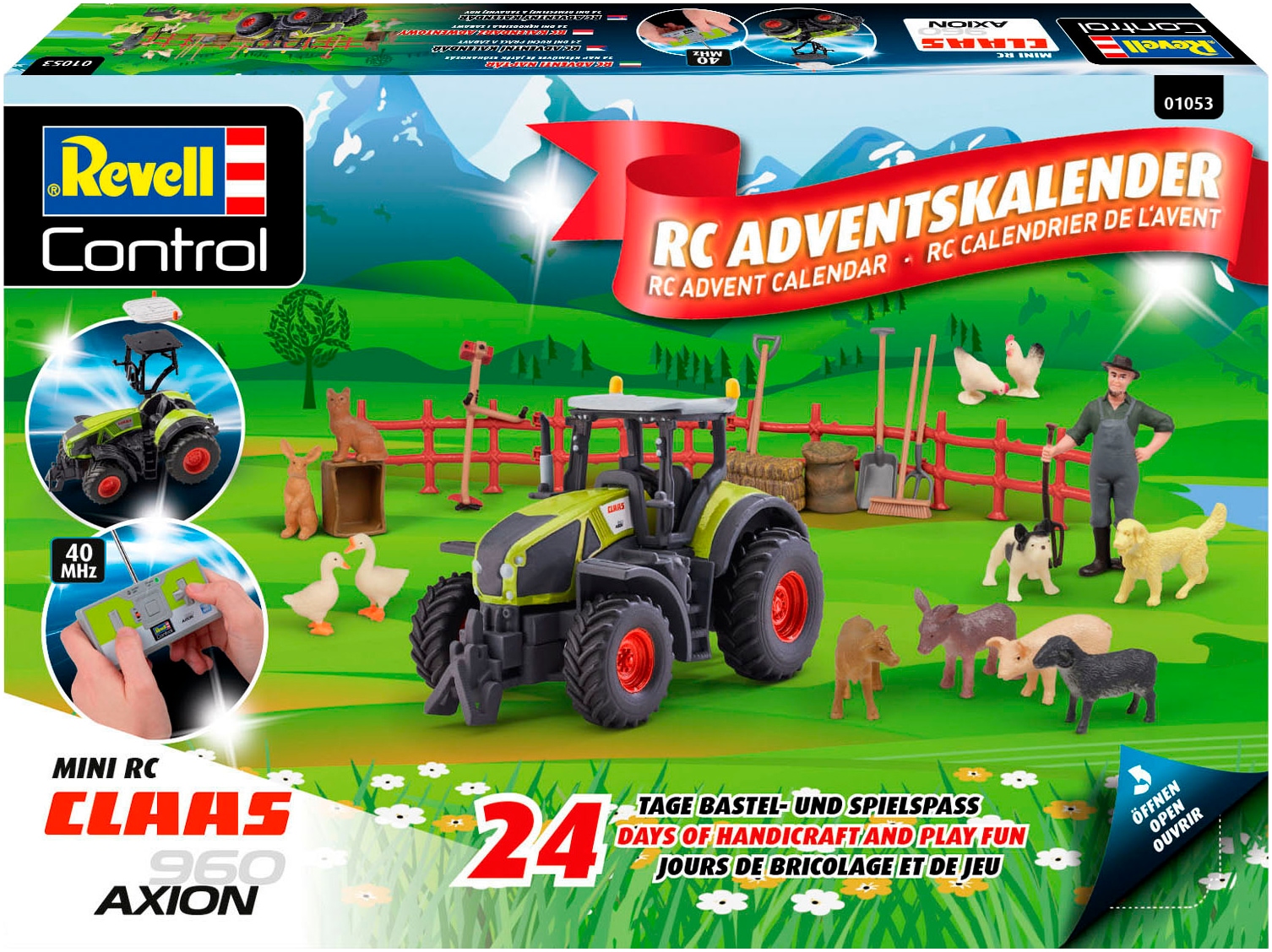 Revell® Spielzeug-Adventskalender »Bauernhofabenteuer, mit RC Traktor Claas Axion 960 zum Selberbauen«, ab 6 Jahren, inklusive Bauernhoftieren und -zubehör