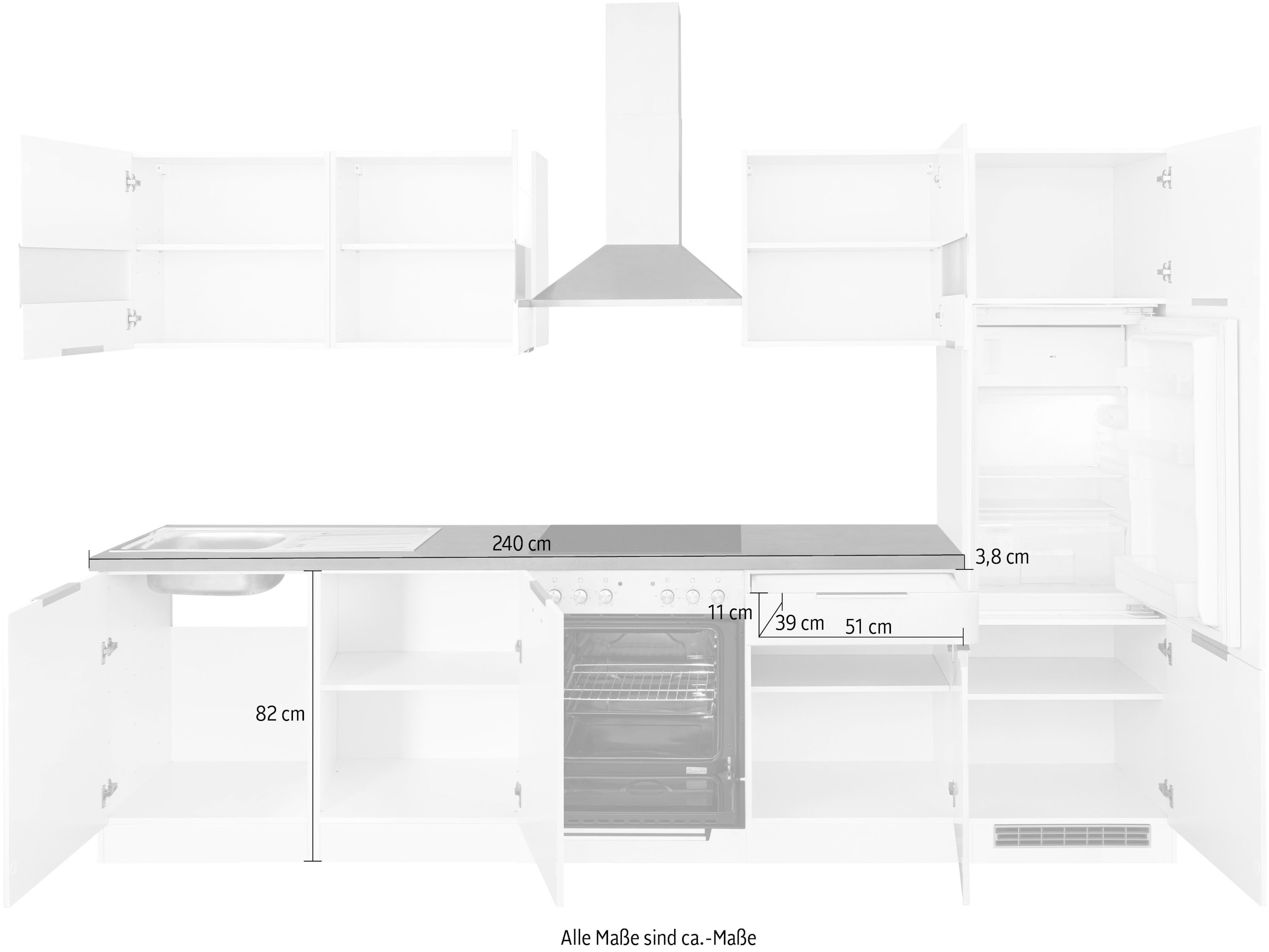 KOCHSTATION Küchenzeile »KS-Luhe« 300 cm breit, wahlweise mit oder ohne E-Geräten, gefräste MDF-Fronten