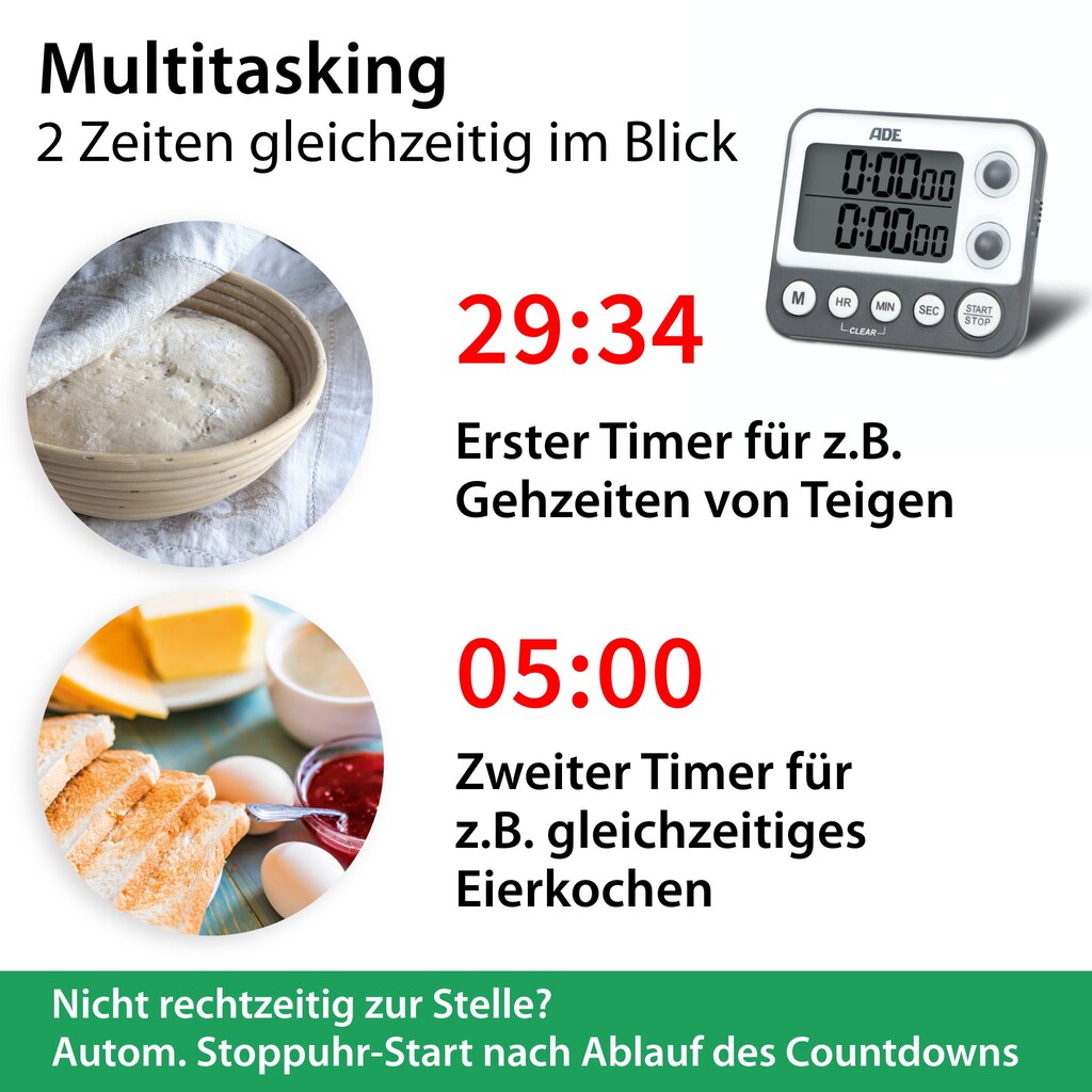 Marken Ade ADE Küchentimer »TD2100«, mit Memory- & Stoppuhr-Funktion und akustischem Alarm zum Stellen und Hängen geeignet Marken Ade ADE Küchentimer »TD2100«, mit Memory- & Stoppuhr-Funktion und akustischem Alarm zum Stellen und Hängen geeignet