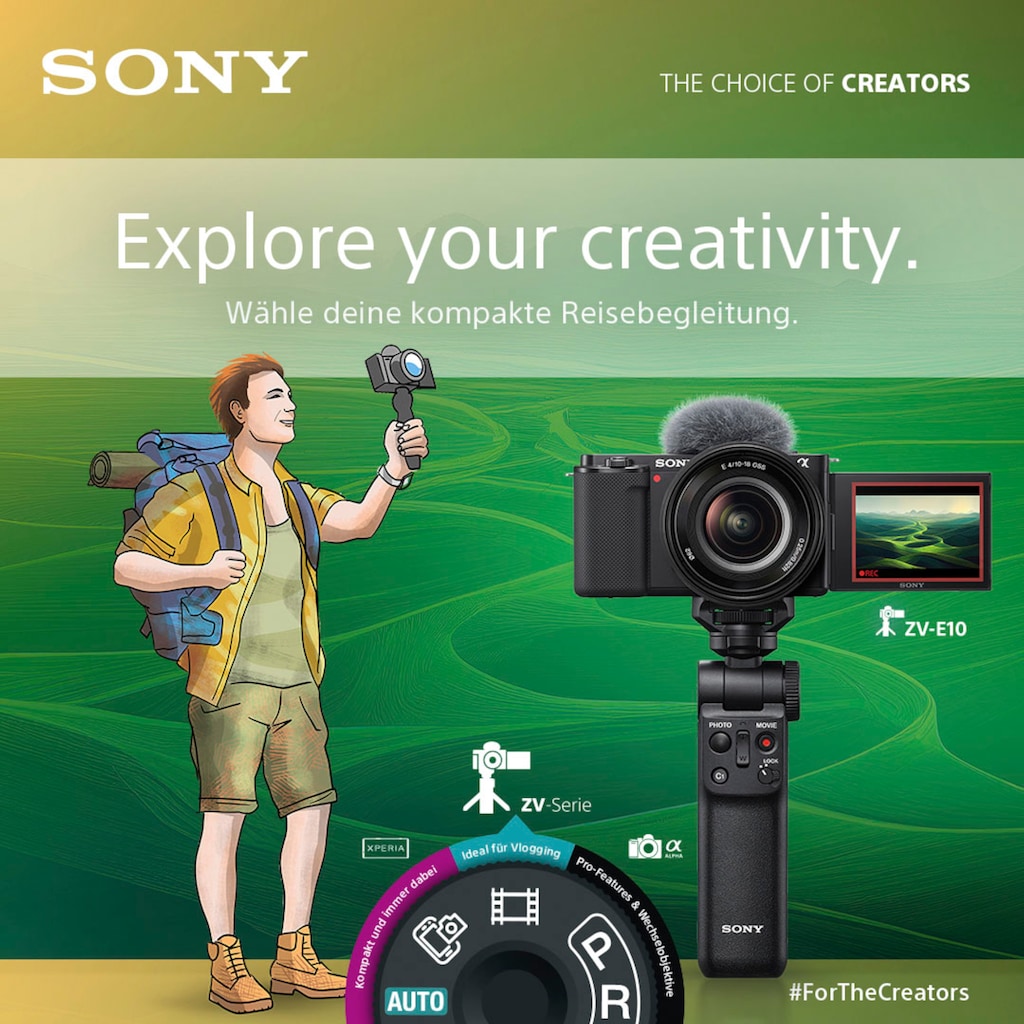 Sony Systemkamera »ZV-E10L«, E PZ 16 - 50 mm F3.5 - 5.6 OSS (SELP1650), 24,2 MP, Bluetooth-WLAN (WiFi), Vlog-Kamera mit schwenkbarem Display inkl. SEL16-50 Objektiv