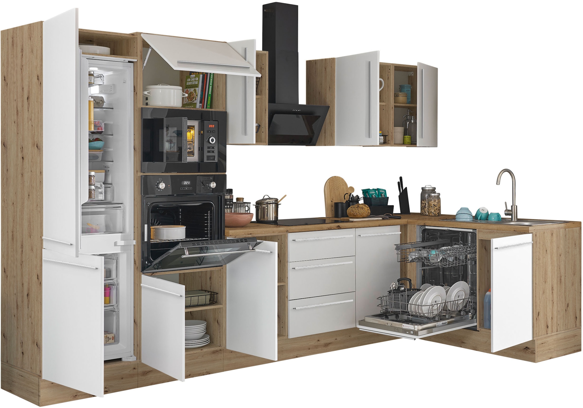 KOCHSTATION Winkelküche »Florida, Stellbreite 340x175 cm«, wahlweise mit E-Geräten, mit Softclose für Türen und Schubkästen