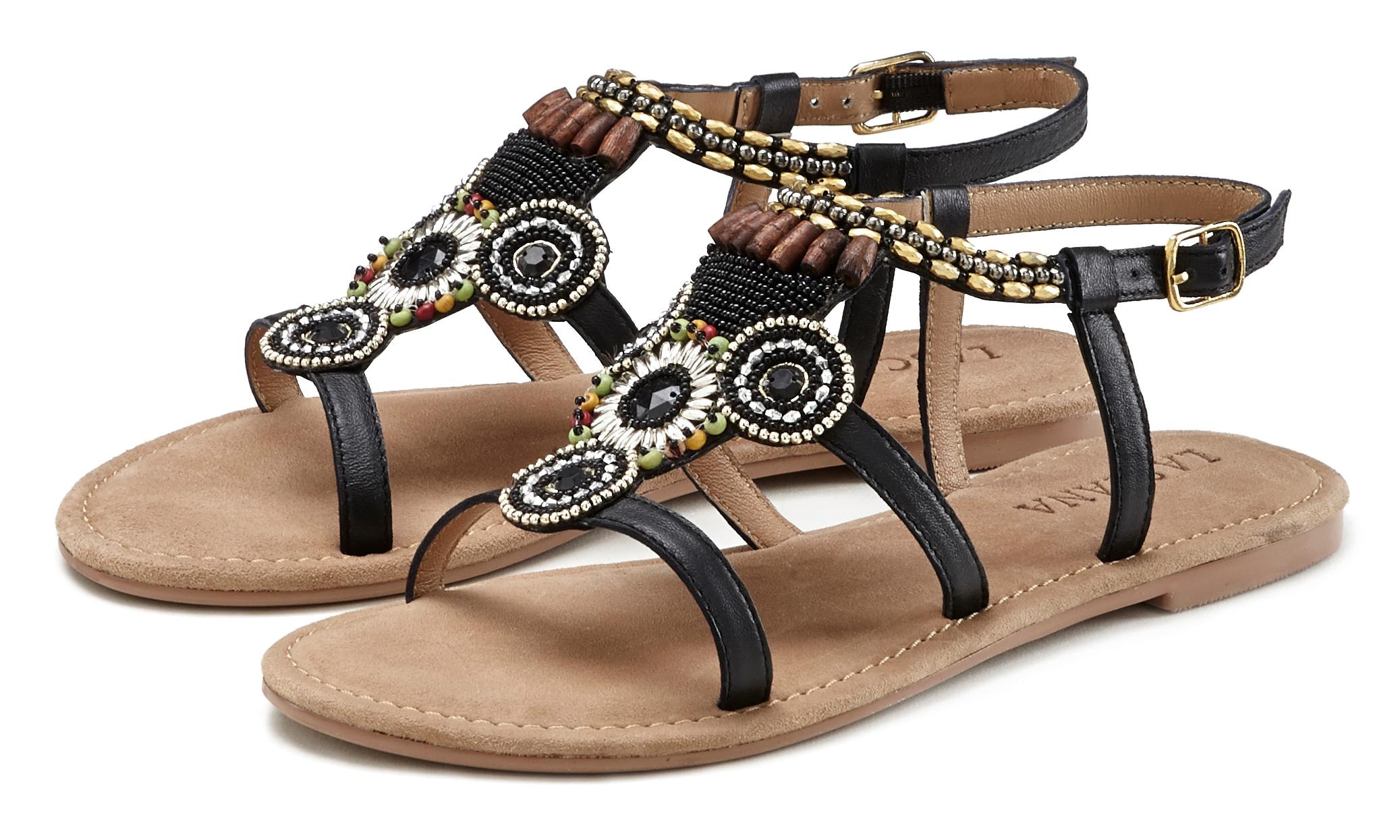 LASCANA Sandale, Sandalette, Sommerschuh aus Leder mit Steinchen in Glitzer-Optik