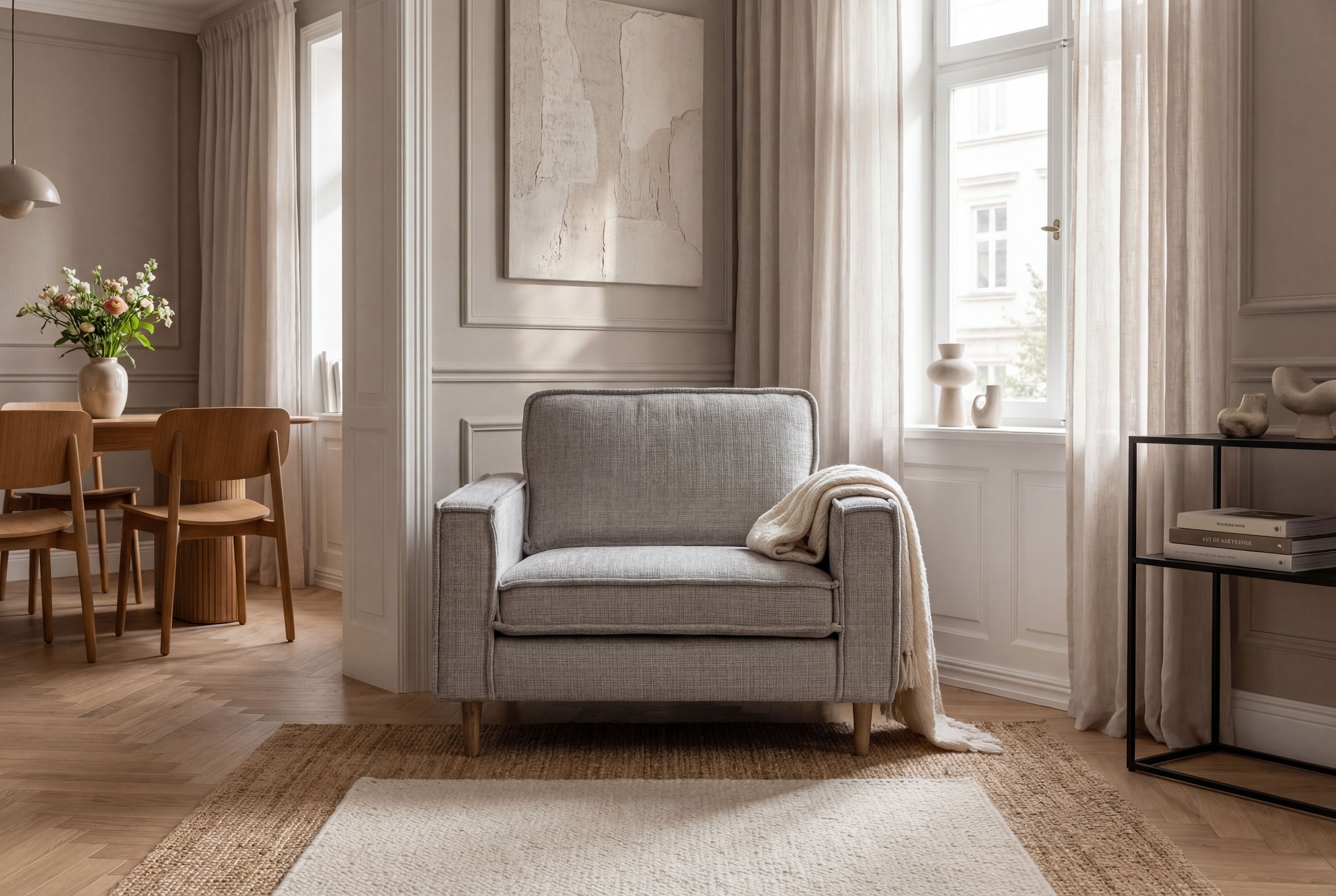 OTTO home Loveseat "Pinto Skandi 105 cm, Chenille, Struktur" mit Keder, Massivholzfüße Eiche geräuchert
