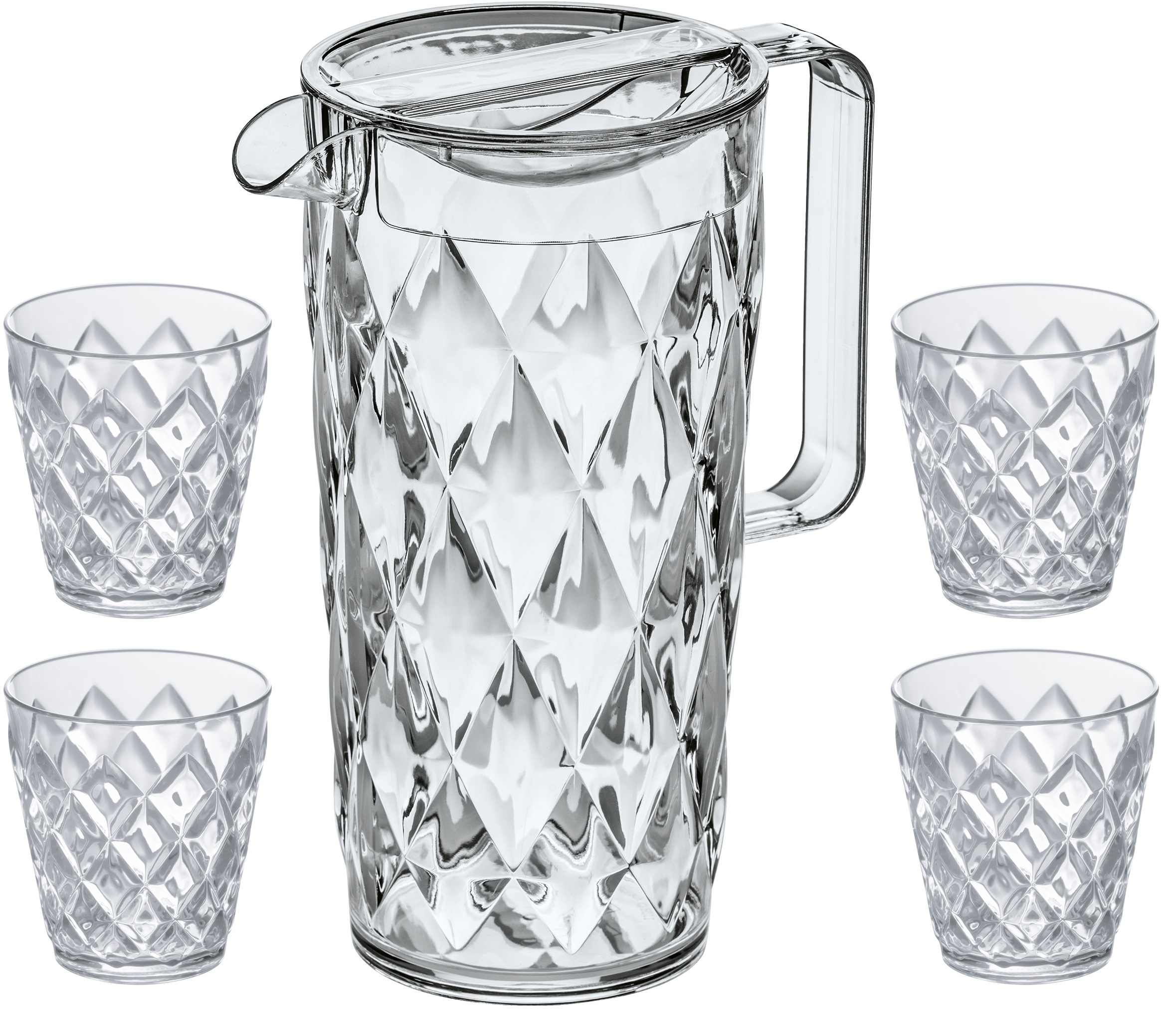 KOZIOL Kanne "CRYSTAL", 1,6 l, (Set, 5 St.), spülmaschinenegeeignet, 100% recycelbar, 1 Kanne 1,6L+ 4 Becher 250ml