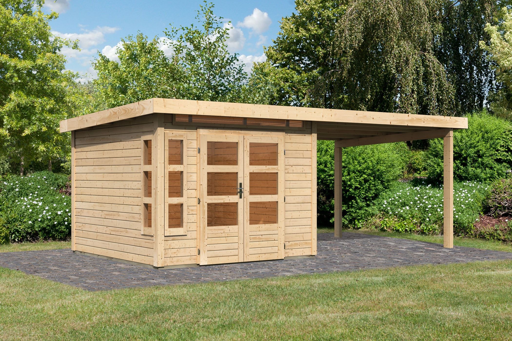 Karibu Gartenhaus »Kolimasee 6«, (Set), mit Anbaudach 3,2 m, naturbelassen