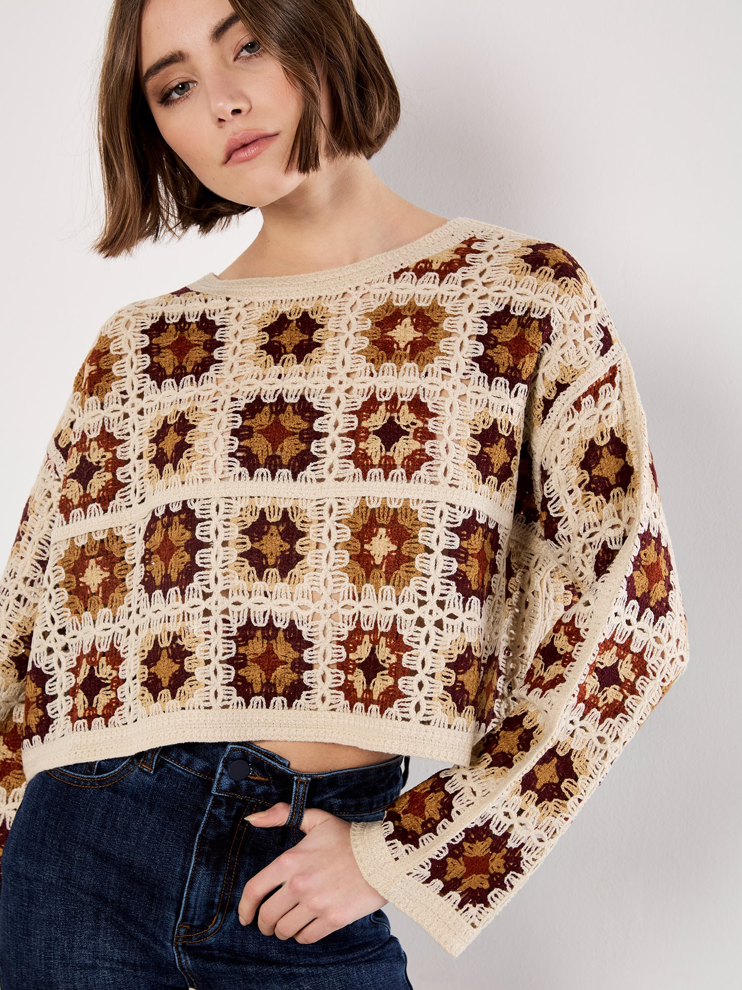 Apricot Strickpullover "Häkelpullover" 1 mit quadratischem Muster