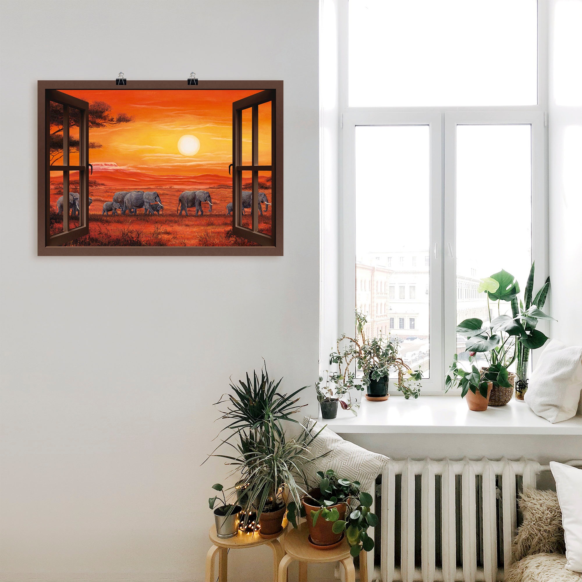 Artland Wandbild »Fensterblick - Elefantenherde«, Fensterblick, (1 St.), als Leinwandbild, Poster, Wandaufkleber in verschied. Größen