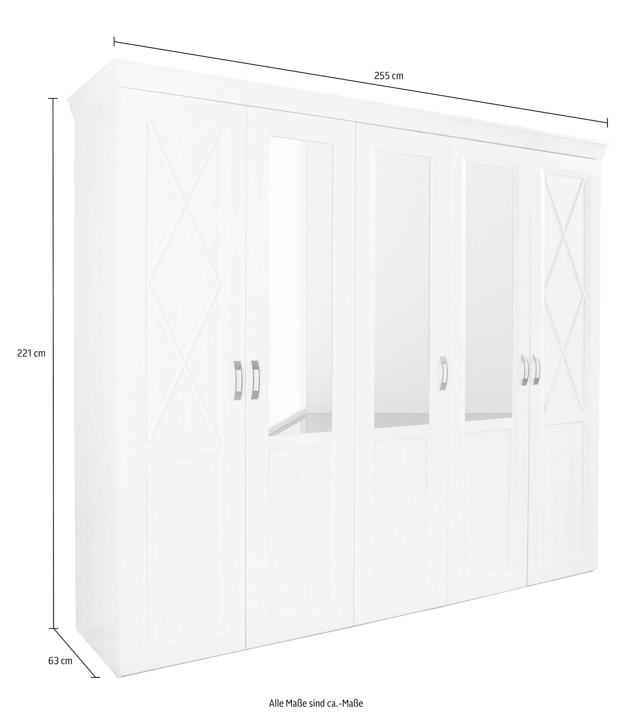 FORTE Drehtürenschrank »Kashmir, TOPSELLER, im klassischem Landhausstil, Made in Europe«, (Maße (B/T/H): 255/63/221 cm), mit Spiegel und dekorativen Fräsungen und Elementen