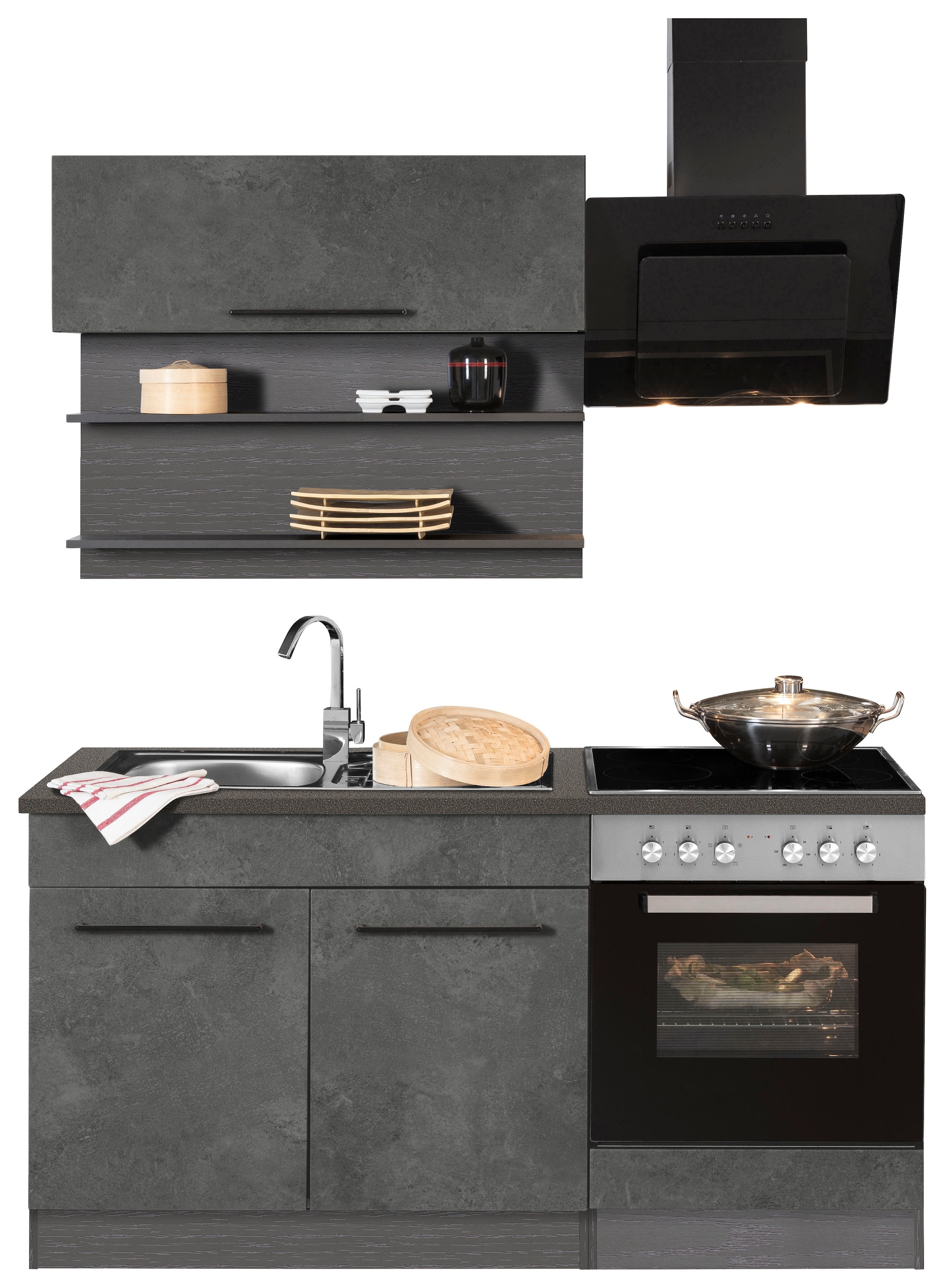 Küchenzeile »Tulsa«, mit E-Geräten, Breite 160 cm, schwarze Metallgriffe