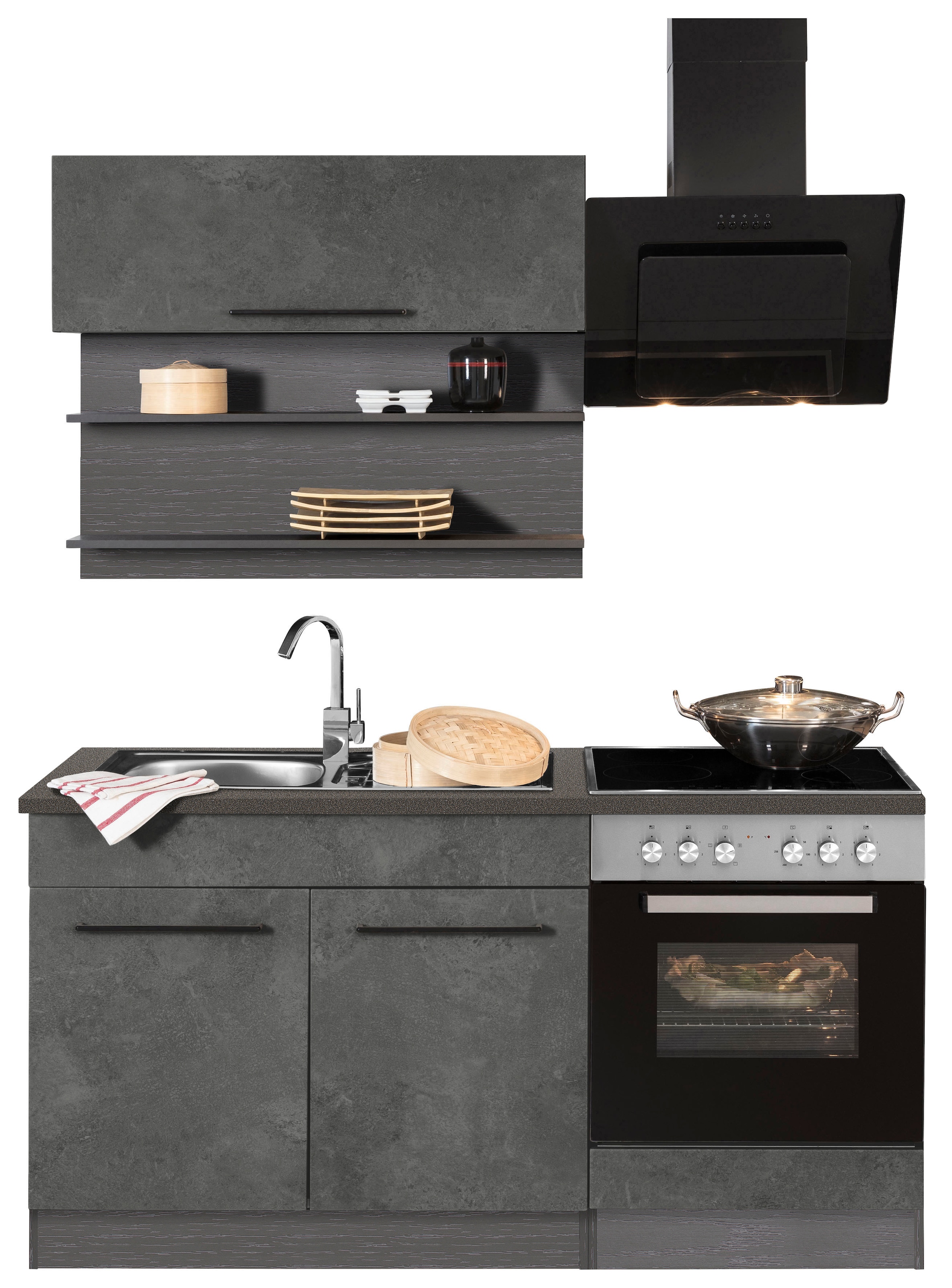 KOCHSTATION Pantryküche "KS-Tulsa" mit E-Geräten, Breite 160 cm, schwarze Metallgriffe