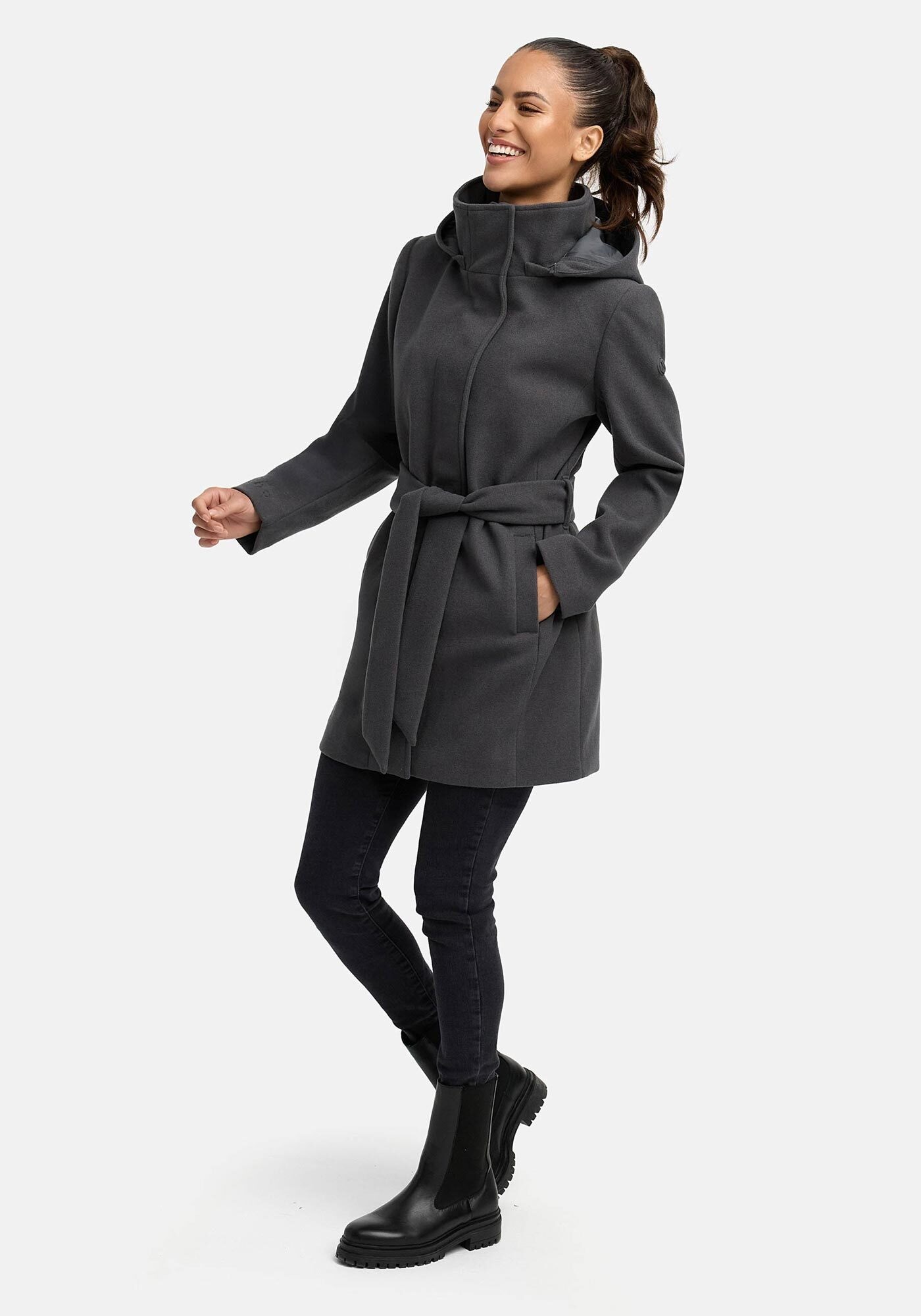 Marikoo Kurzmantel »Katalinaa«, Eleganter Wickel Mantel mit Taillengürtel und Oversized Hood Kapuze
