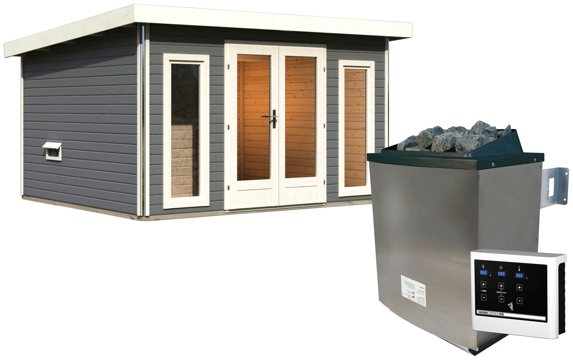 KARIBU Saunahaus "Maiko 2A", Saunaofen, externe Steuerung, 9 kW, beige, Garten, Saunen, Ofen 9 KW externe Strg easy