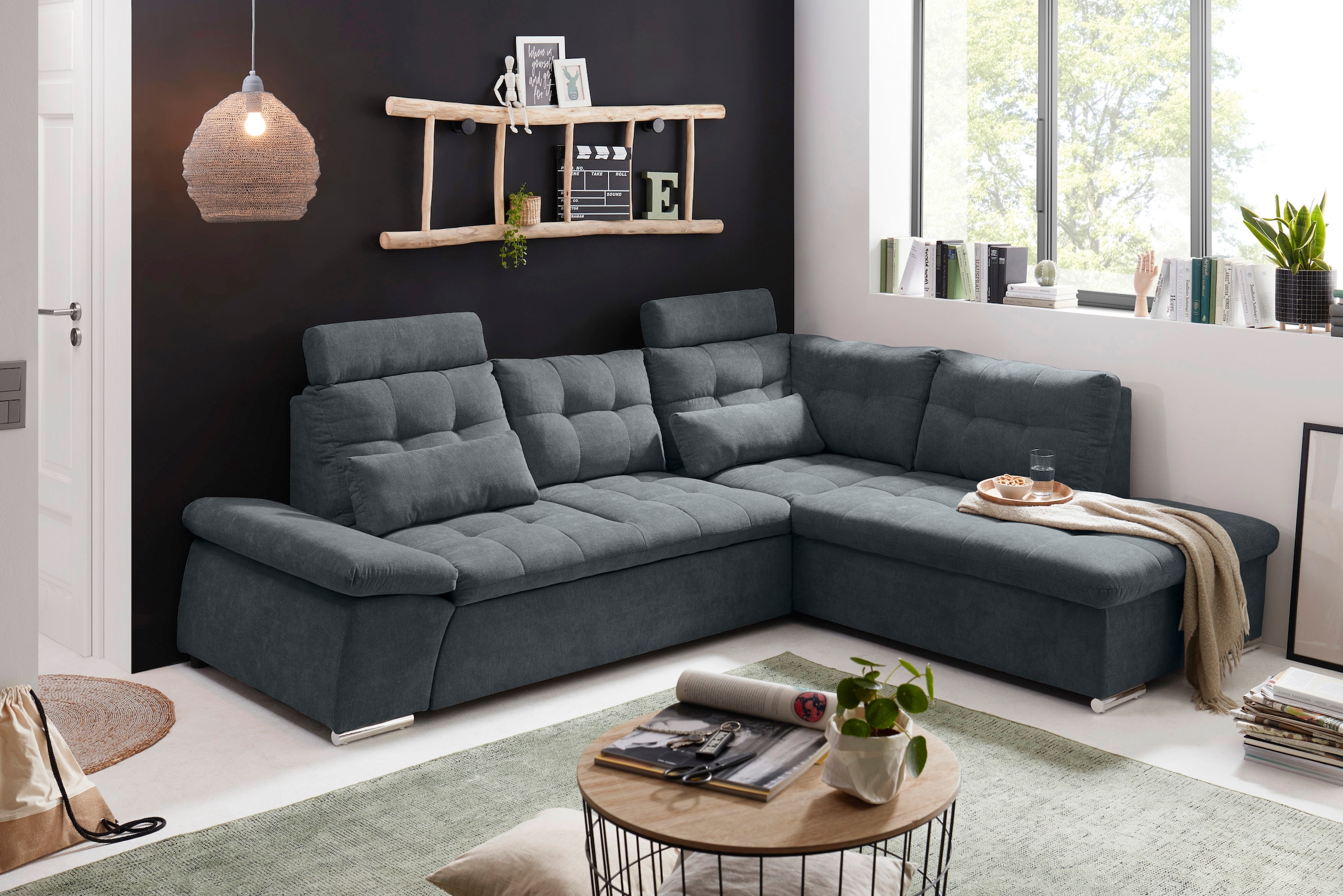 ED EXCITING DESIGN Ecksofa »Nalo L-Form«, mit Bettfunktion, Bettkasten, Kopfstützen, Nierenkissen etc.