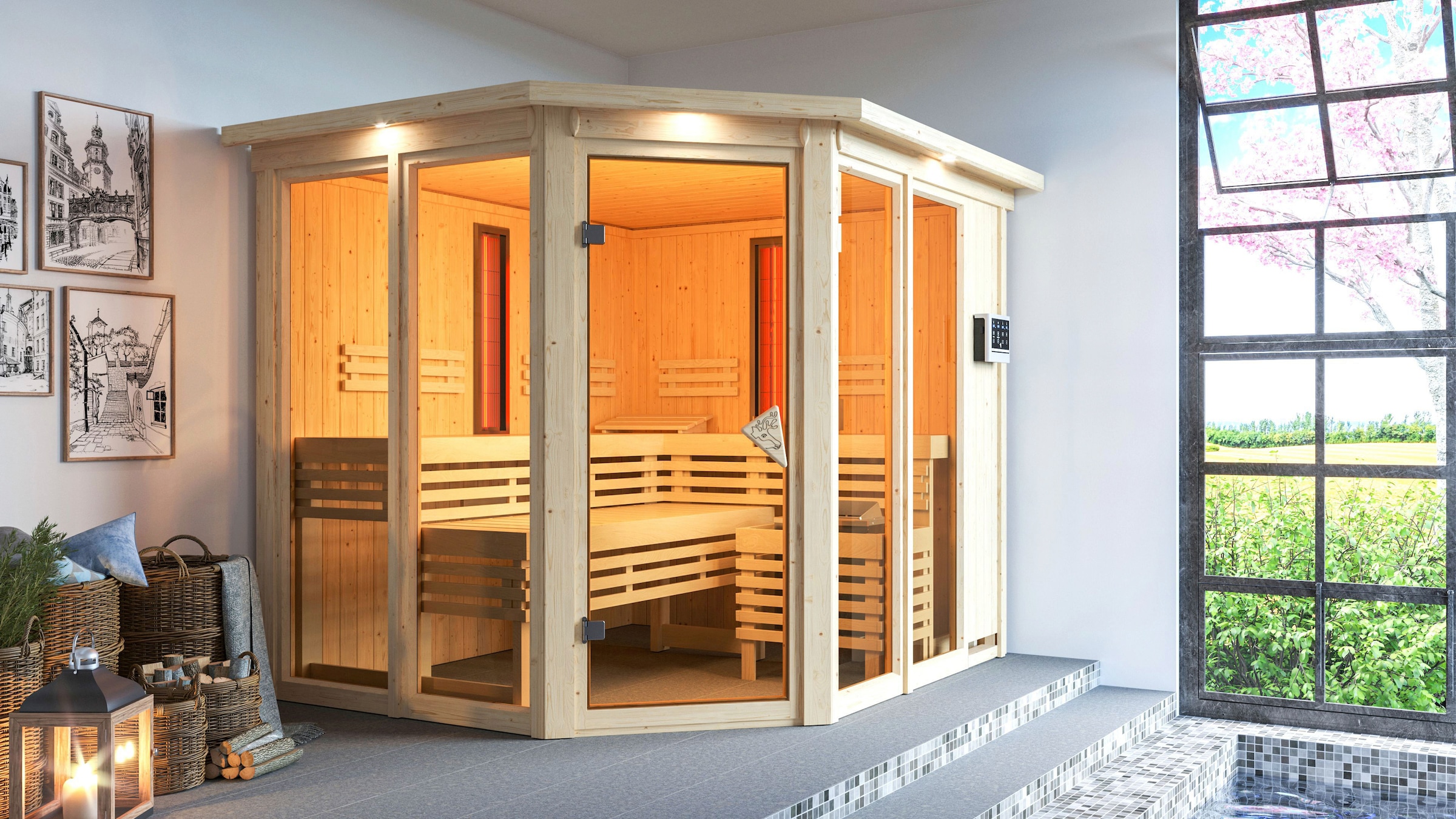 Karibu Sauna »Avril« Set,  Ofen 9 kW Bio externe Strg easy