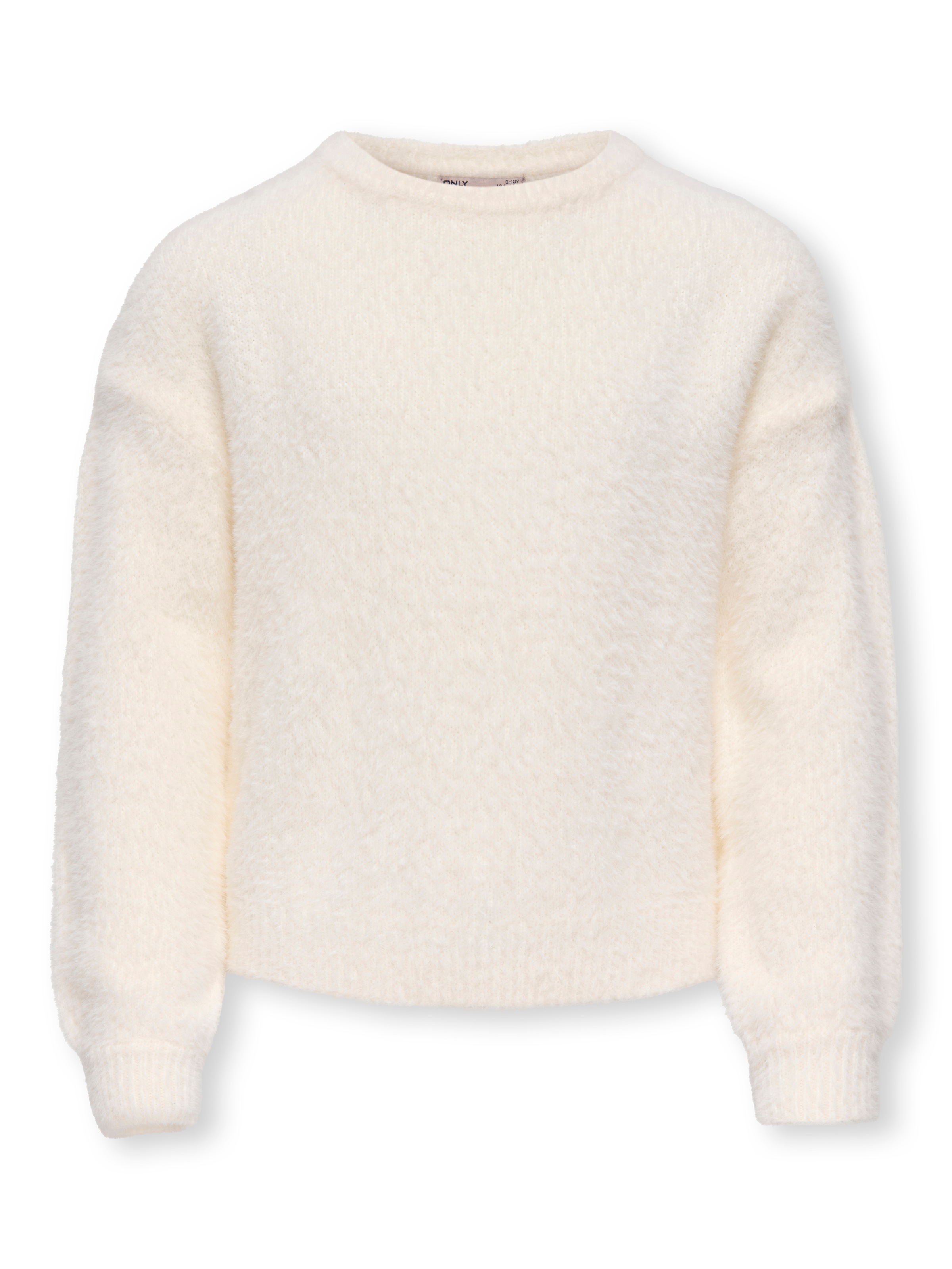 Rundhalspullover KIDS ONLY "KOGNEWPIUMO L/S PULLOVER CP KNT NOOS", Kinder, Gr. 158/164, weiß (cloud dancer), Strick, Obermaterial: 70% Nylon, 30% Polyacryl, unifarben, regular fit normal, Rundhals, Bündchen, Pullover Rundhalspullover, Kunstfaser 2