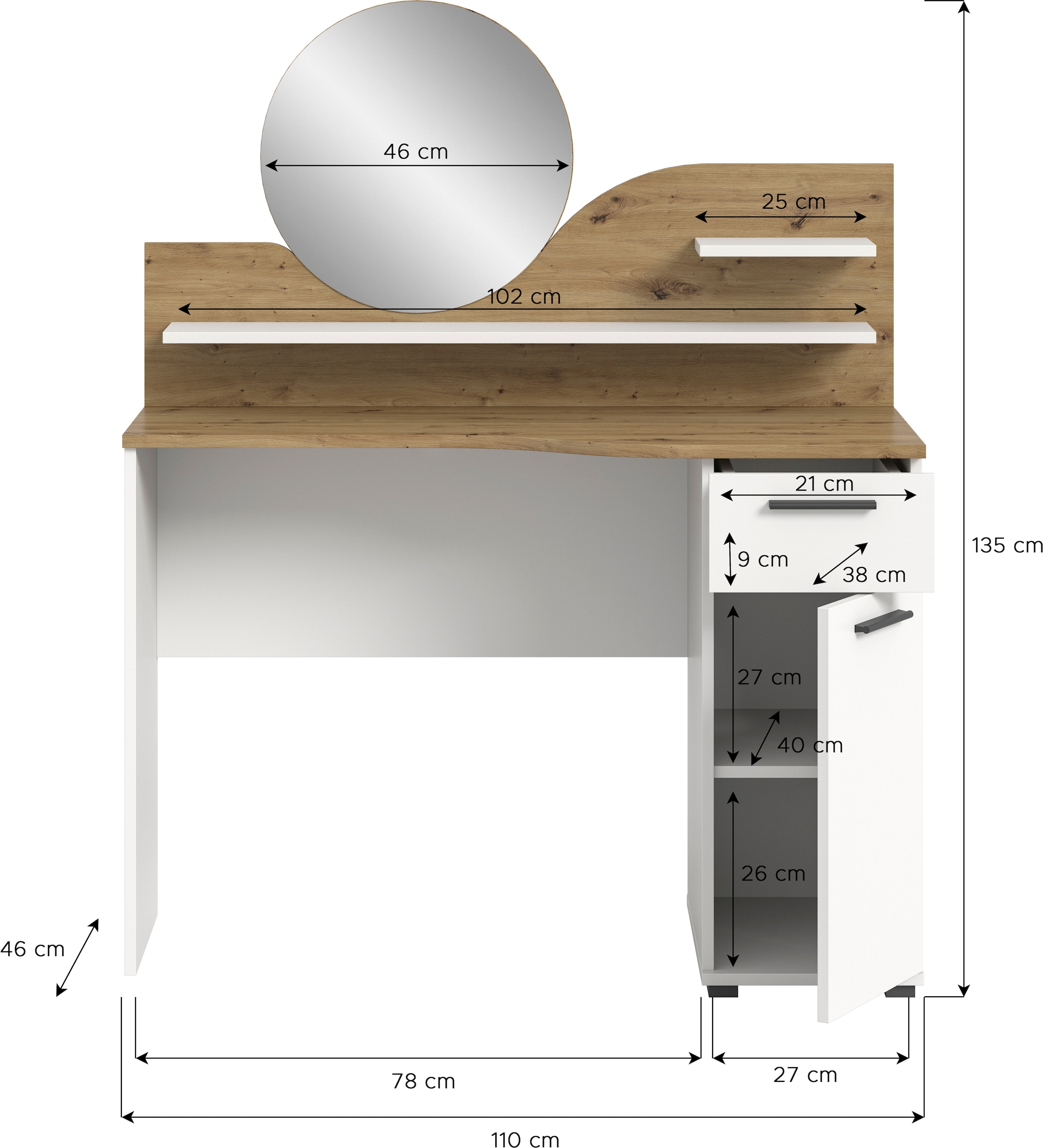 INOSIGN Schminktisch »Hegomi, Breite 110 cm, 1 Tür, 1 Schubkasten, 2 Ablageböden, 1 Spiegel«, Frisiertisch, Frisierkommode, Spiegeltisch