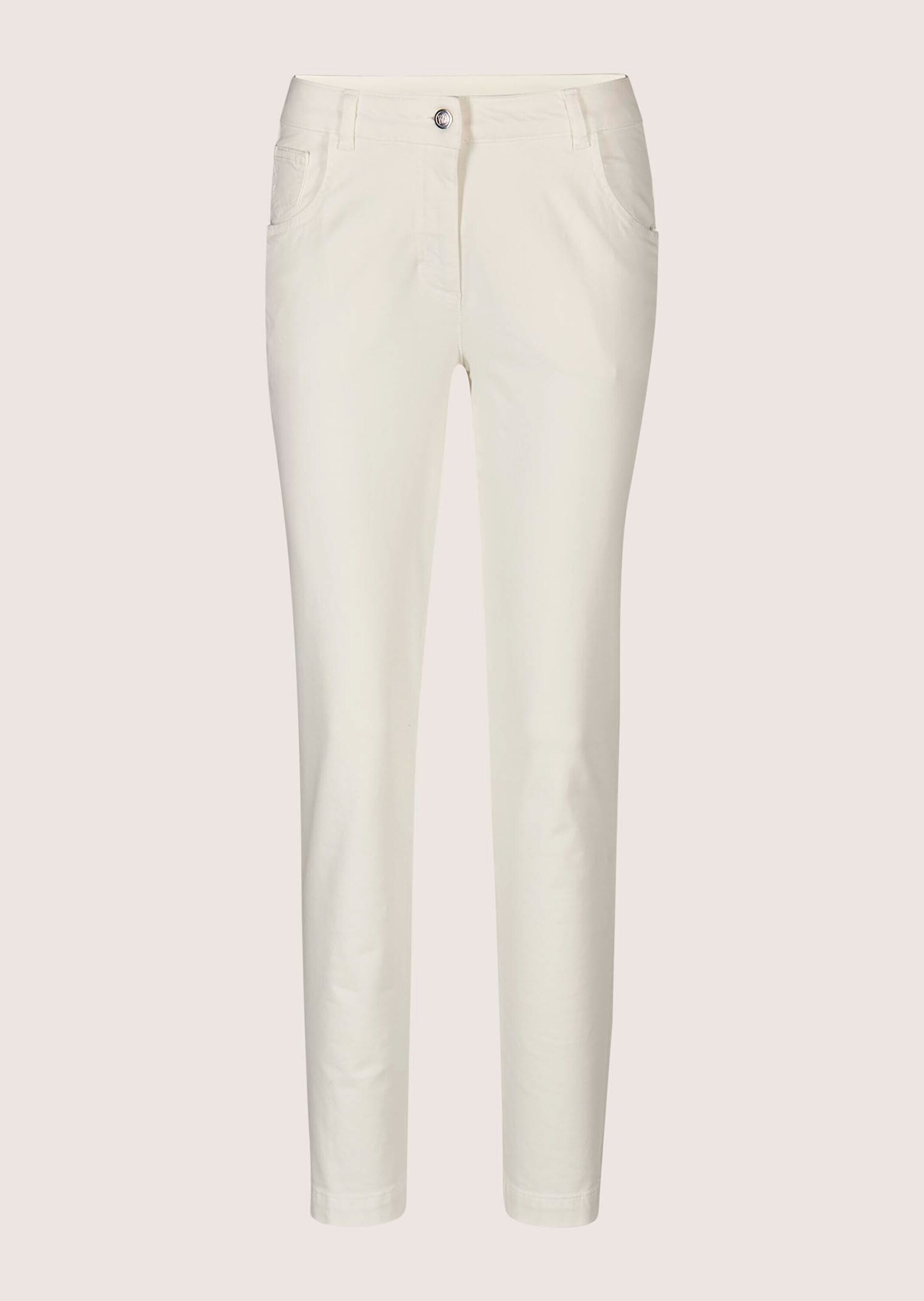 Stoffhose MADELEINE "Hose Schlanke Five-Pocket mit Stretch-Komfort", Damen, Gr. 19, N + K Gr, weiß (wollweiß), Obermaterial: 71% Baumwolle CO. 26% Modal CMD. 3% Elasthan EL., Hosen Stoffhose