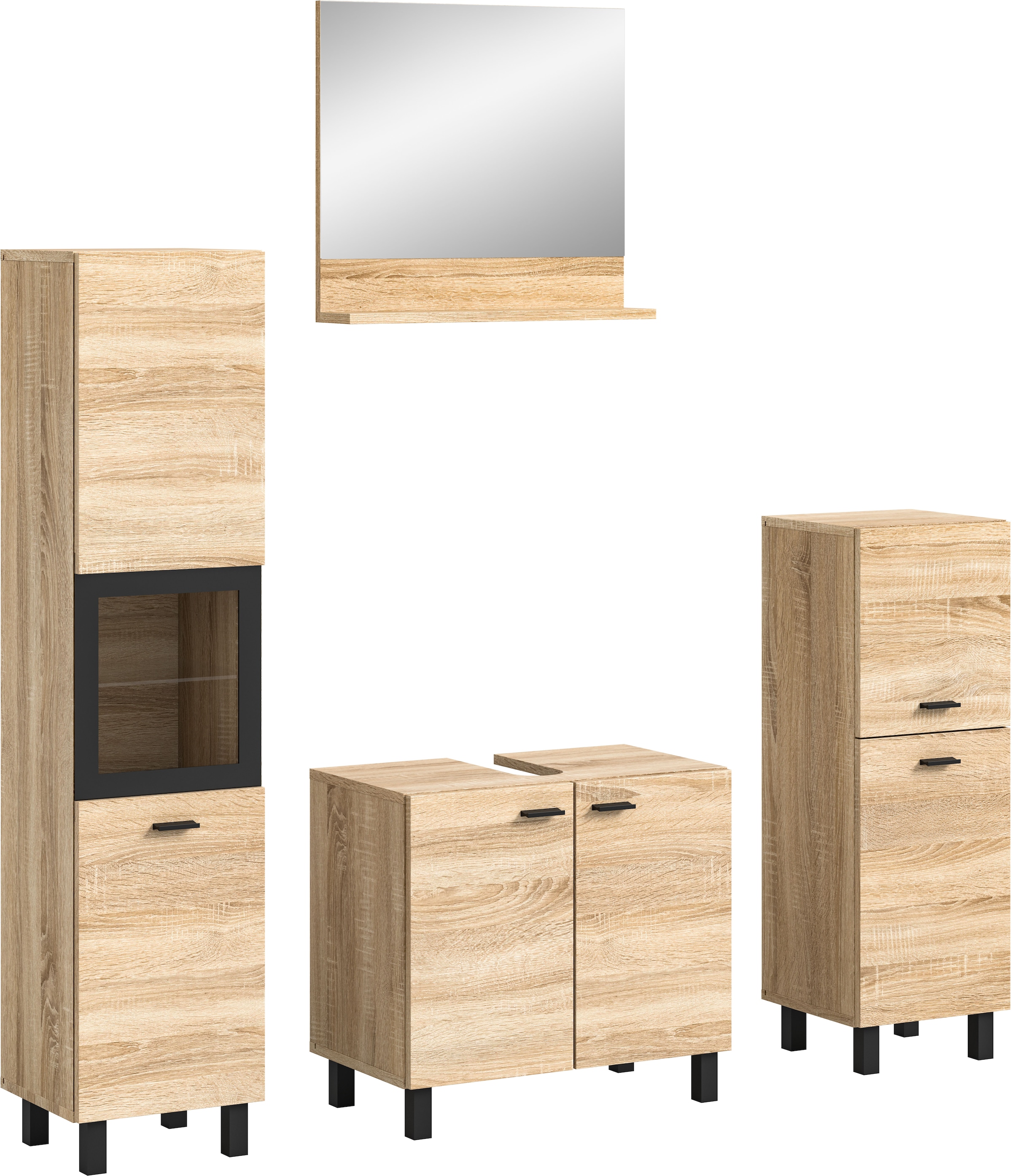welltime Badmöbel-Set »Tampa, Breite 137cm, 4-teilig«, (4 St.), Waschbeckenunterschrank, Spiegel, Hochschrank, Midischrank