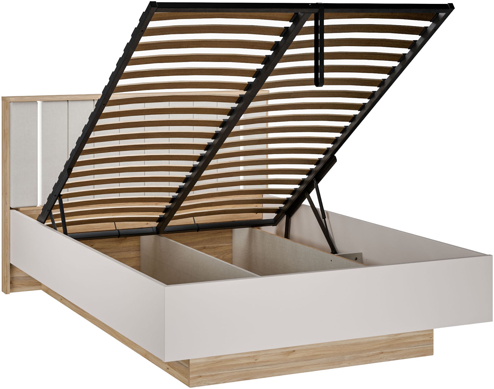 FORTE Bettgestell »Forte Seravel Bettanlage 140 o.160,  Lamellenoptik, warme Holznuancen« inklusive Beleuchtung, aufklappbarer Lattenrost, Stauraum