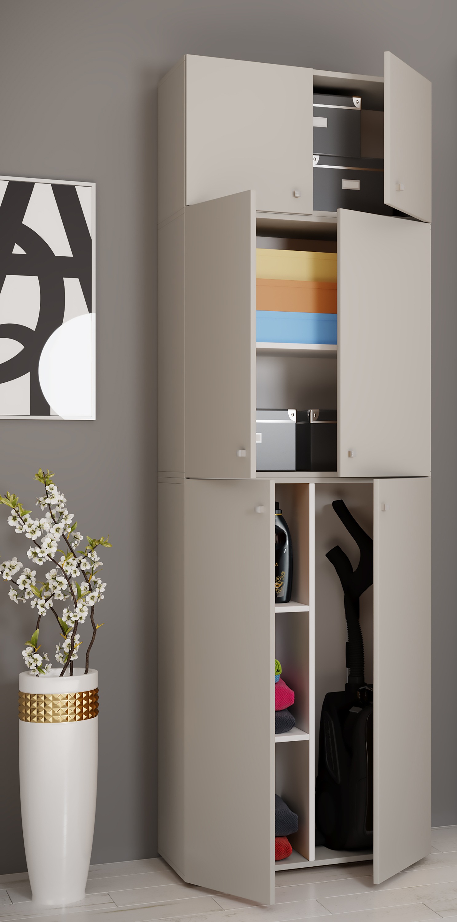 VCM Mehrzweckschrank »VCM Holz Besenschrank | 6 Fächer | Maße: H. 223 x B. 70 x T. 39 cm | Haushaltsschrank | Mehrzweckschrank | Aufsatz mit zwei Türen - Lona«, (1 St.)