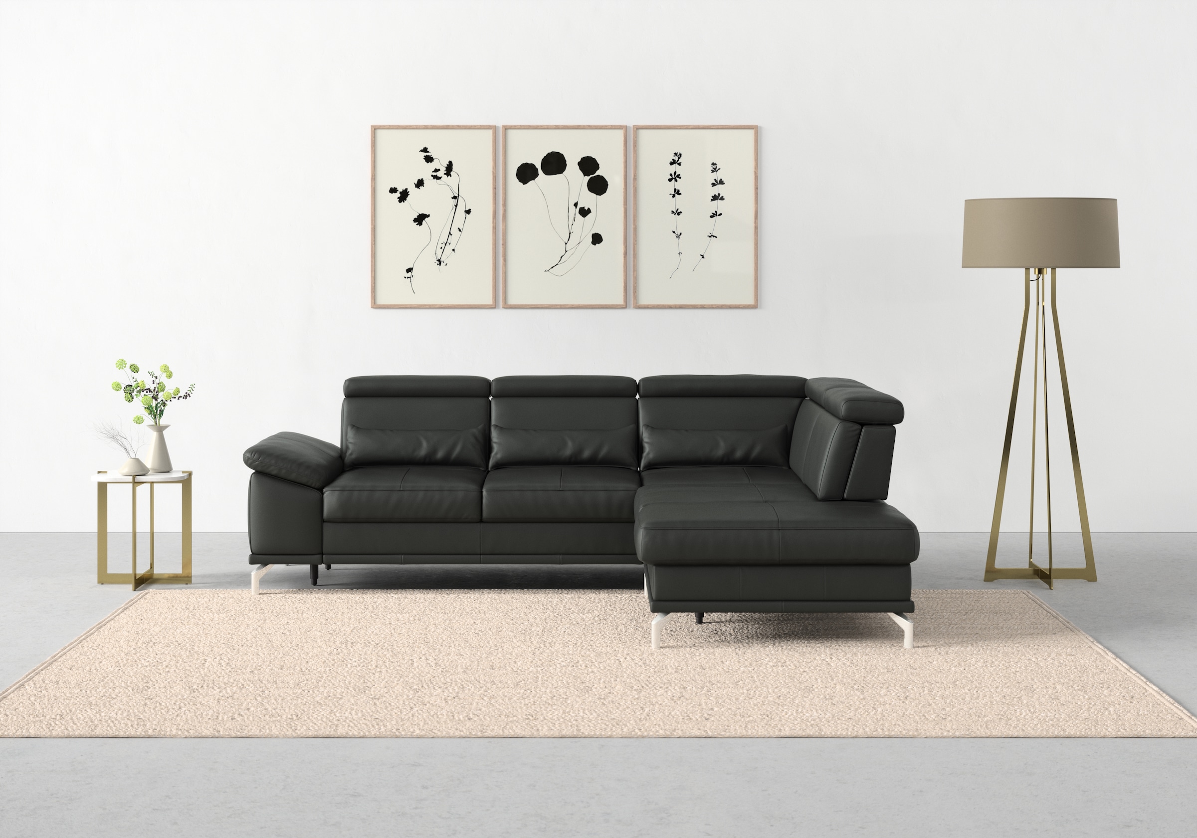 sit&more Ecksofa »Cabrio L-Form, mit Sitztiefenverstellung, Arm- und Kopfteilverstellung«, 3 Nierenkissen, Federkern, optional Bettfunktion und Stauraum