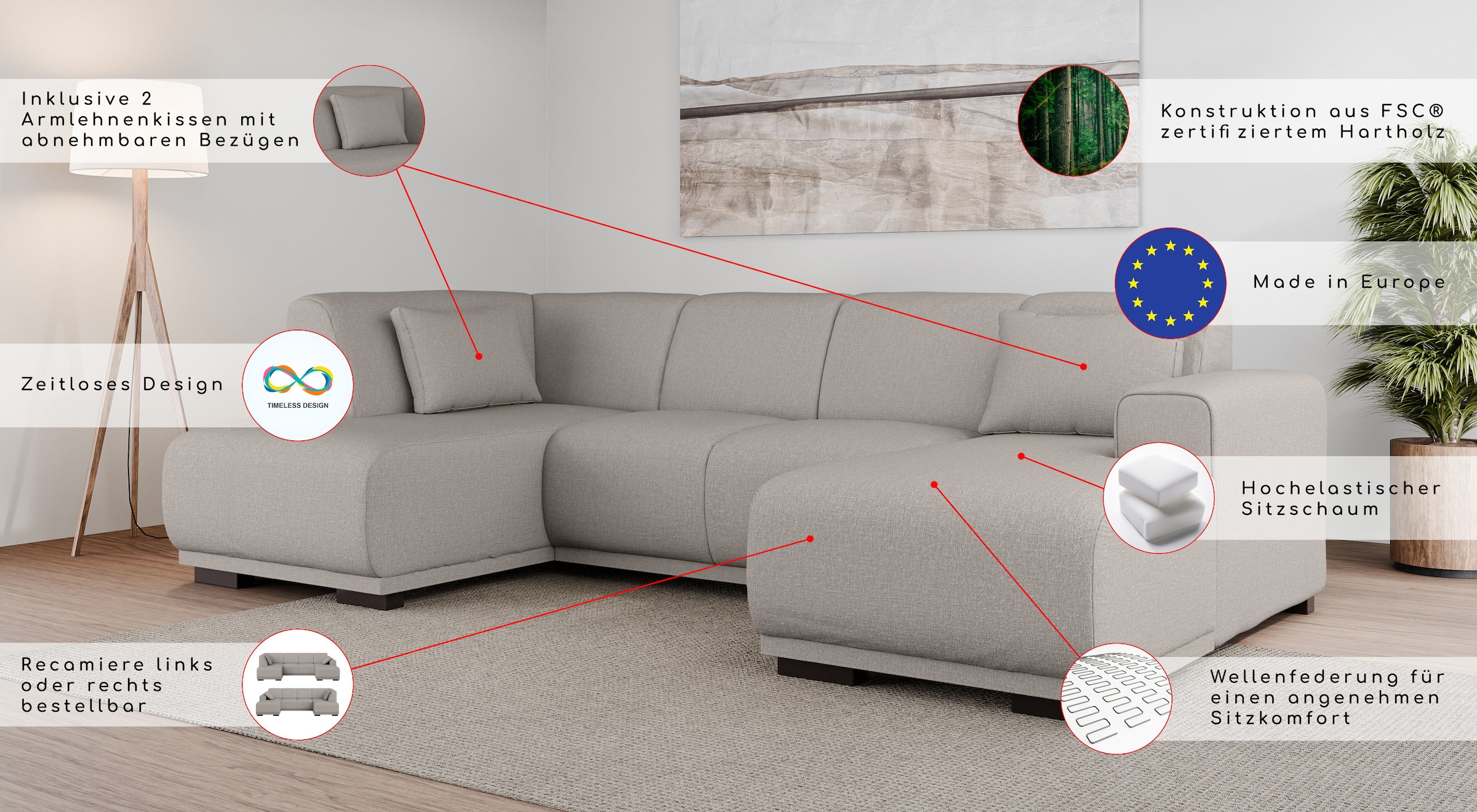 Home affaire Wohnlandschaft »BORNHOLM U-Form mit Recamiere rechts/links, B/T/H: 300/162/85 cm«, U-Form mit Wellenunterfederung, Recamiere rechts oder links bestellbar