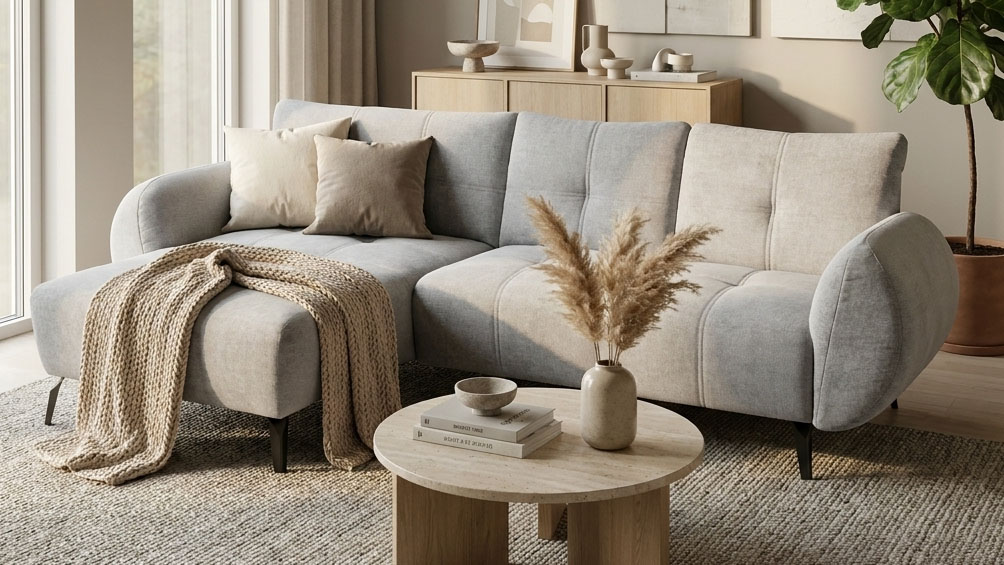 OTTO home Ecksofa "Viiborg 261 x 140 cm, mit Steppungen, elegant, modern" L-Form, pflegeleichter Bezug, hohe Füße - passend für Saugroboter