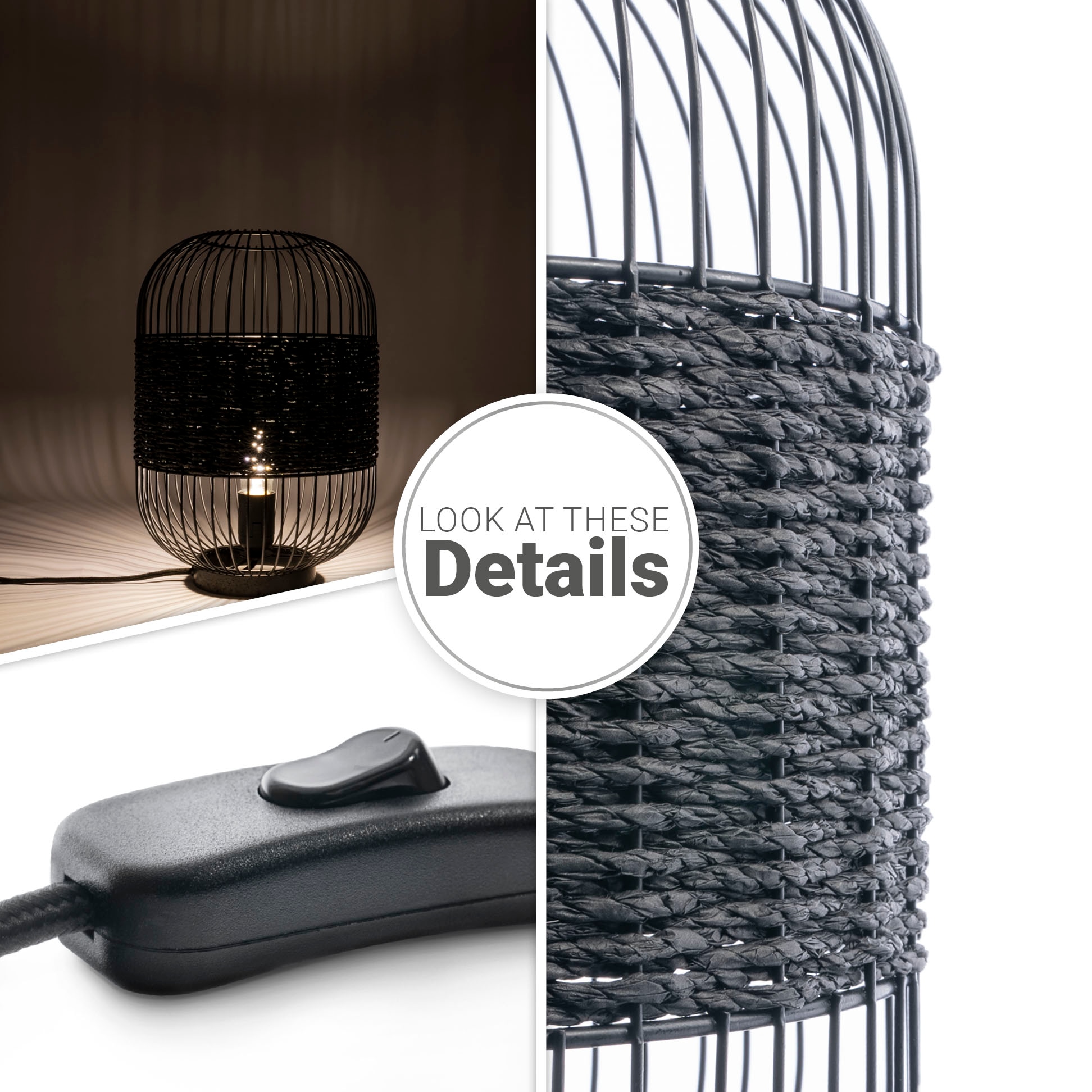 Paco Home Tischleuchte »PUCA«, Leuchtmittel E27 | ohne Leuchtmittel, Käfig Papier Nachttisch Lampe Metall E27 Vintage Boho