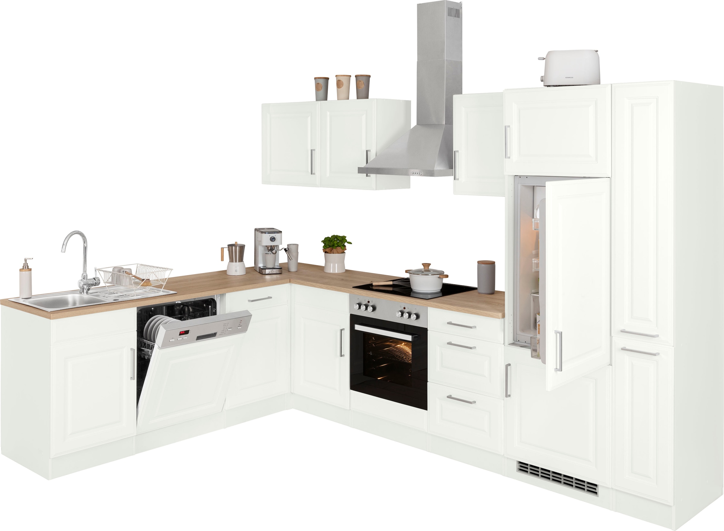 KOCHSTATION Winkelküche »KS-Stockholm«, Stellbreite 220/310 cm, mit hochwertigen MDF Fronten im Landhaus-Stil