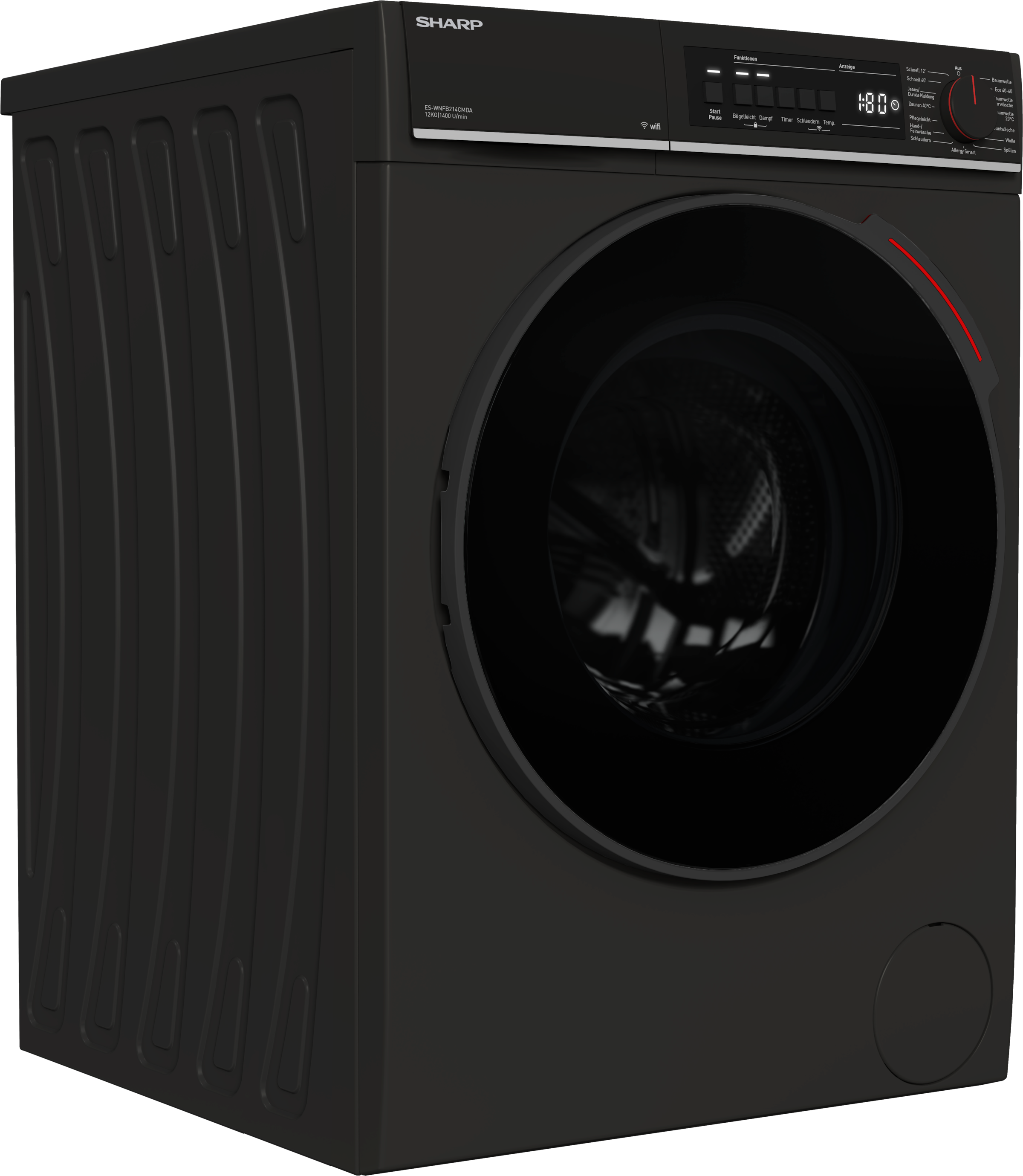 Sharp Waschmaschine Mid Class »ES-WNFB214CMDA-DE« 12 kg 1400 U/min 12kg / +WIFI / A-20% / black Doorring+knob/Steam/
Mat Black