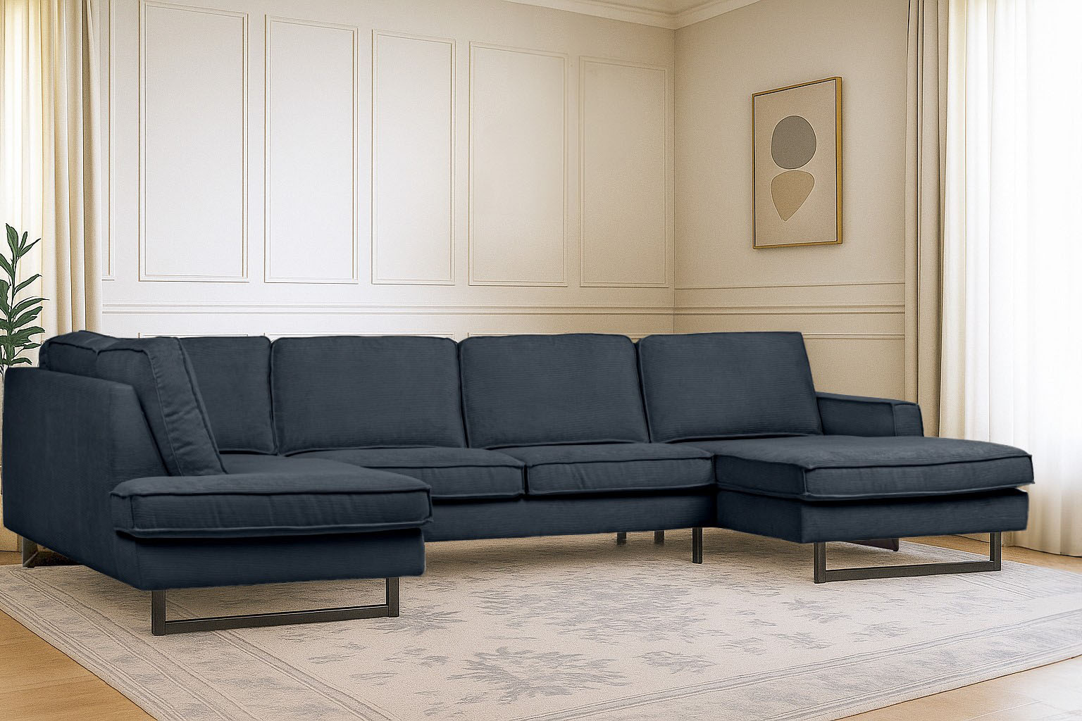OTTO home Wohnlandschaft "Pinto, 350 cm, U-Form, XXL, mit Ottomanen" Cord, Chenille, Lederoptik, mit Keder, Metallfüße, Wellenunterfederung