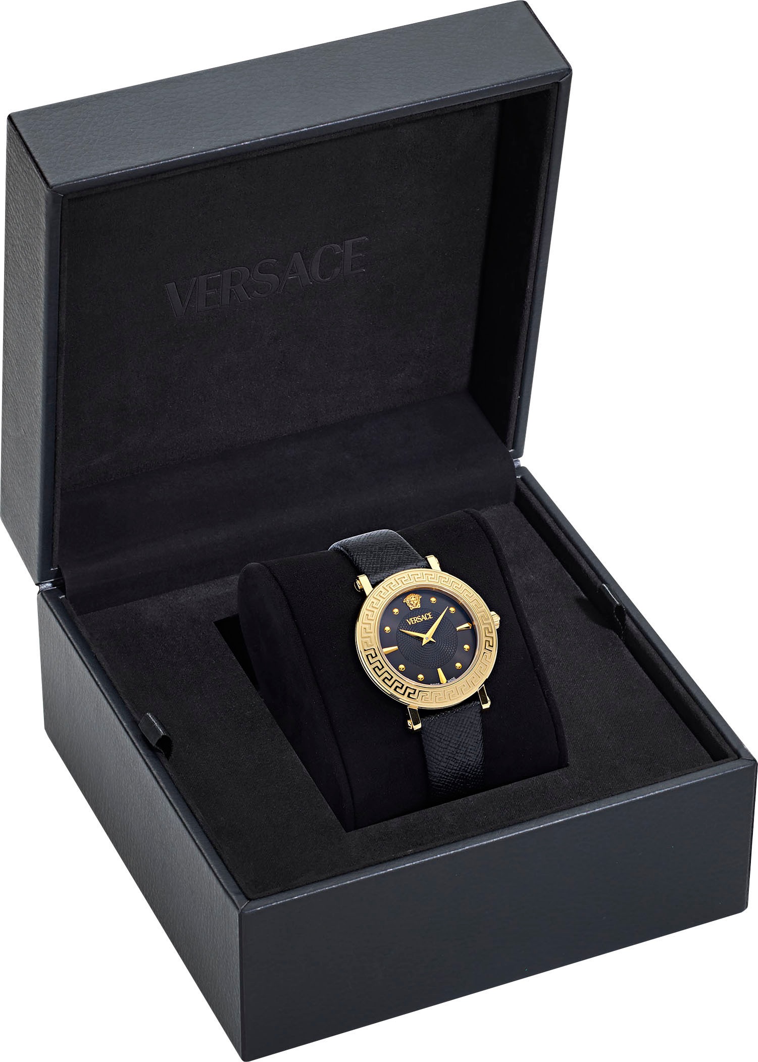 Versace Quarzuhr »GRECA SPHERE«, Armbanduhr, Damenuhr, Swiss Made, Saphirglas, Lederarmband, analog