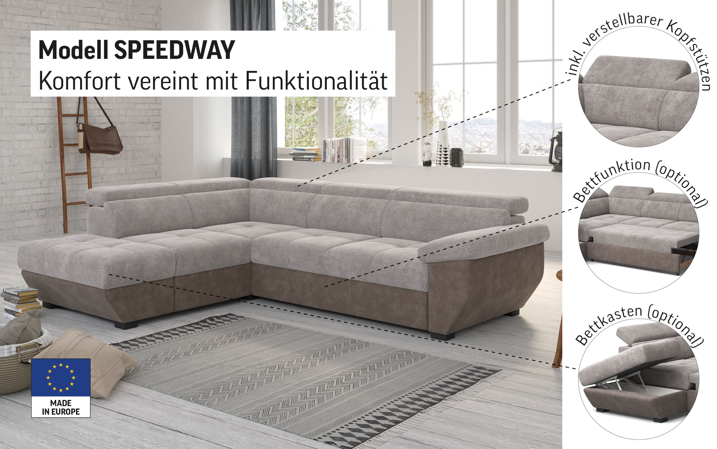 COTTA Ecksofa "Speedway L-Form", mit Kopfteilverstellung, wahlweise mit Bet günstig online kaufen