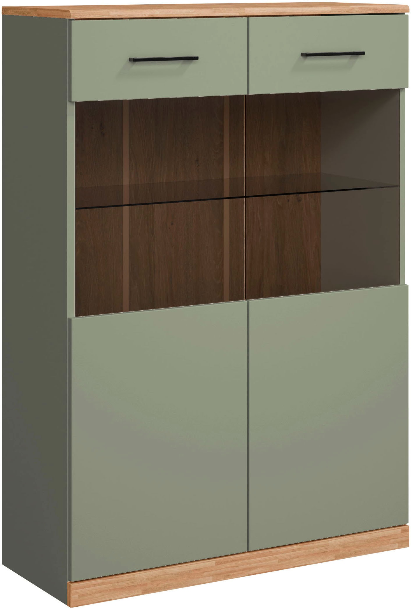 Home affaire Highboard »Ribe,125cm hoch,87cm breit,4 breite Fächer«, Oberplatte Eiche massiv,dunkles Glas, schwarze Metall Griffe