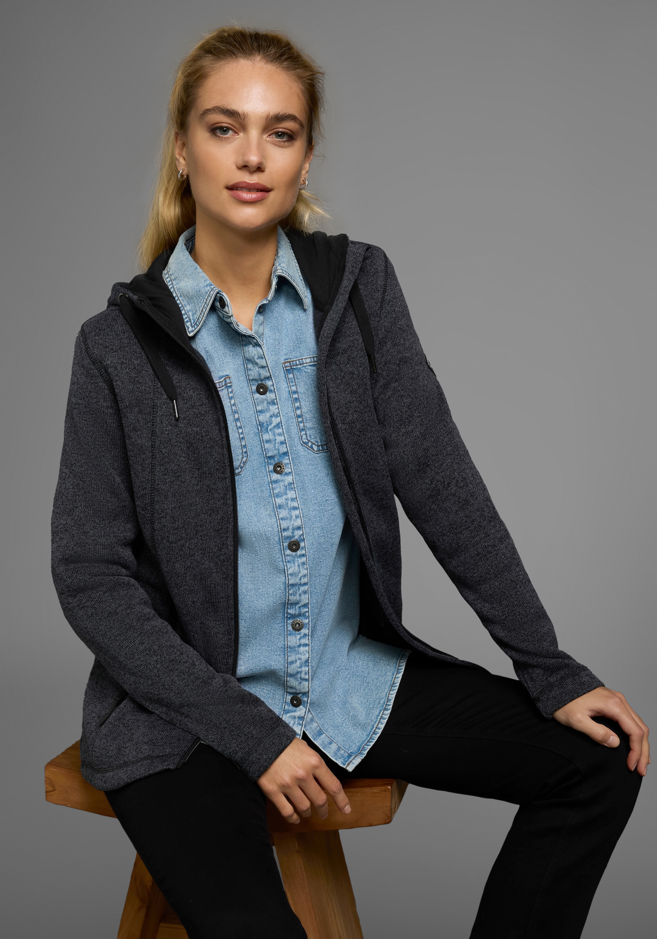 Polarino Strickfleecejacke, mit Kapuze, für kalte Tage, aus Strickfleece, s günstig online kaufen