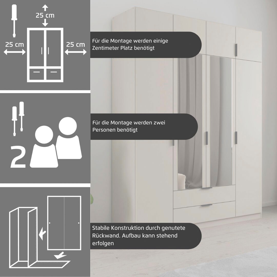 rauch Kleiderschrank »Drehtürenschrank Schrank Garderobe Ankleide Schlafzimmer LAGOA« 3 verschiedene Ausstattungen BASIC/CLASSIC/PREMIUM (inkl. SOFT-CLOSE),  moderne Kantengriffe aus Metall, optional mit Aufsatz MADE IN GERMANY