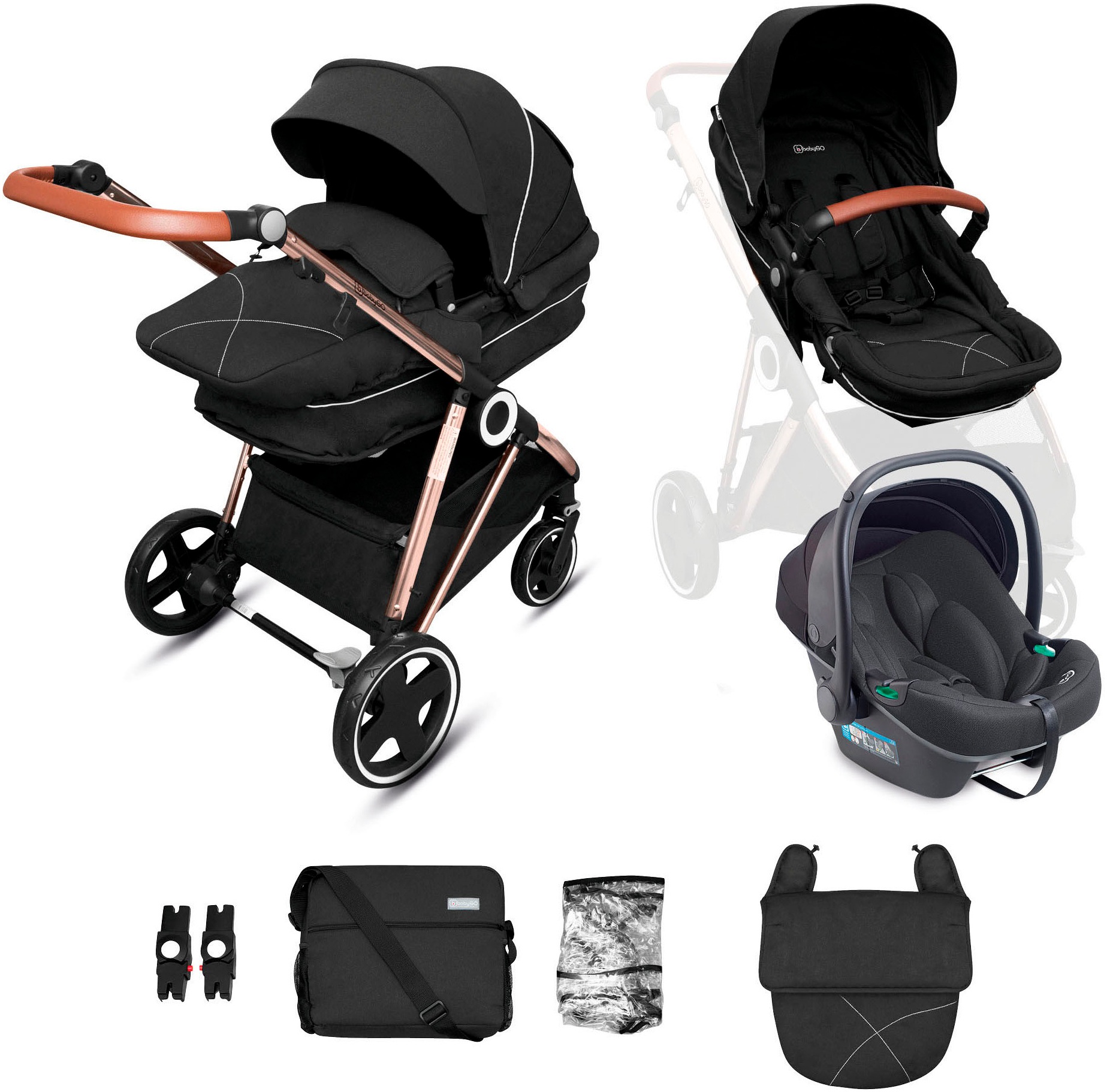 BabyGo Kombi-Kinderwagen »Halime 3in1« inklusive Babywanne, Babyschale, Regenhaube & Wickeltasche