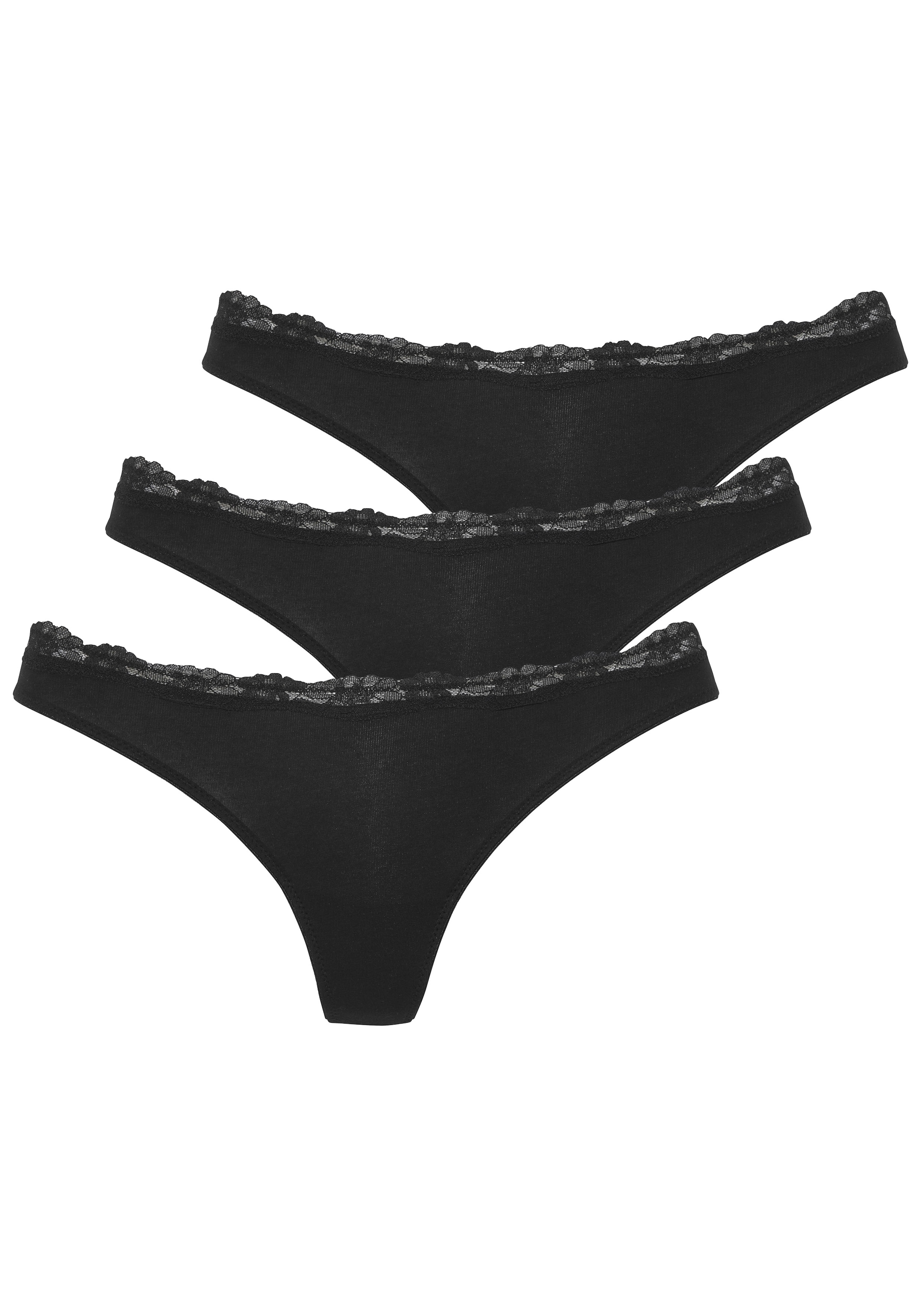 LASCANA String 3er-Pack, aus elastischer Baumwolle mit zarter Spitze