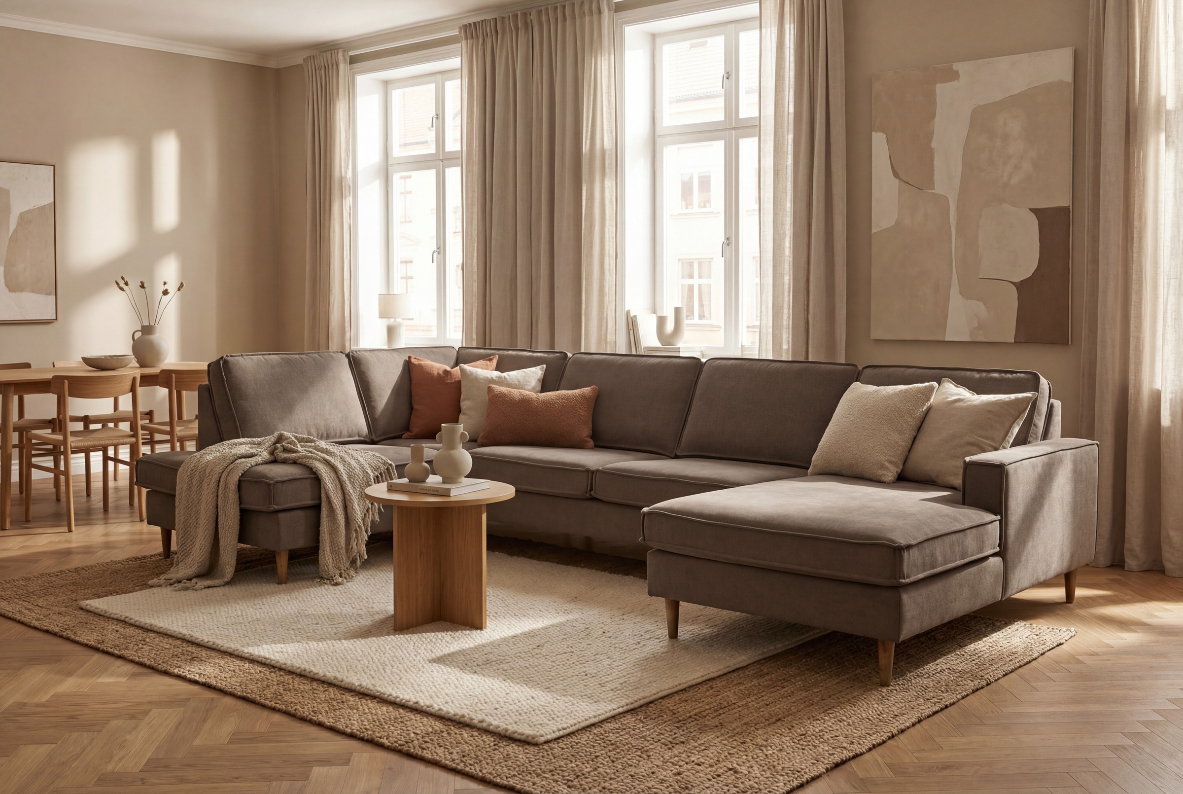 OTTO home Wohnlandschaft "Pinto Skandi, 350 cm, U-Form, XXL, mit Ottomanen" mit Keder, Massivholzfüße Eiche geräuchert, Wellenunterfederung