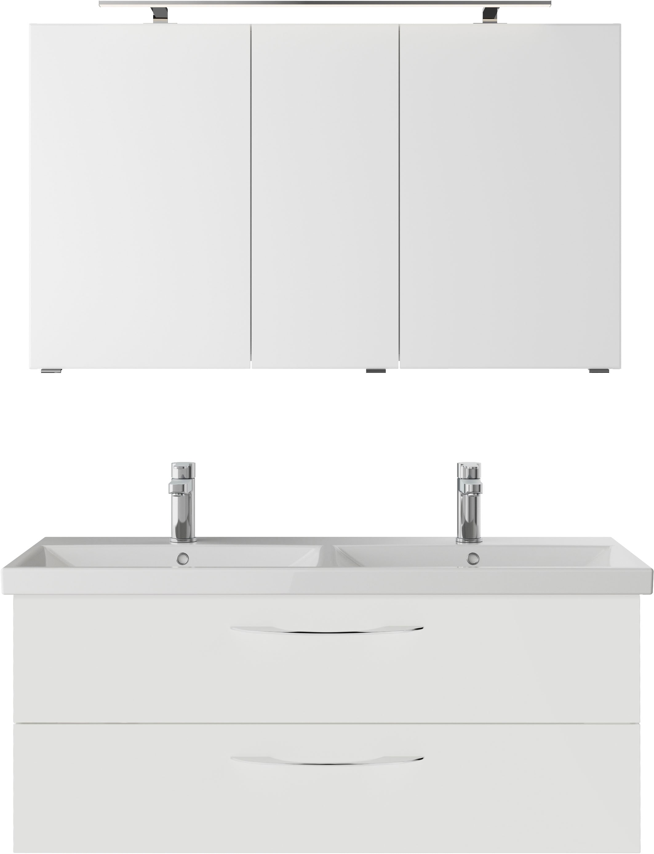 Saphir Badmöbel-Set »Serie 4035 2-teilig, Keramik-Doppelwaschtisch mit LED-Spiegelschrank«, (Set), Doppel-Waschplatz inkl Türdämpfer, 120 cm breit, 2 Schubladen, 3 Türen