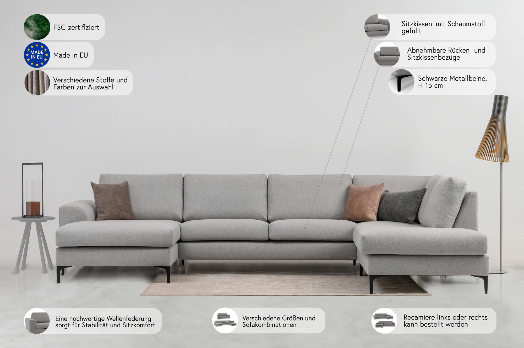 Thumbnail - OTTO home Wohnlandschaft "Henry, U-Form, Breite 363 cm" mit Metallbeinen, Wellenunterfederung, wasserabweisender Stoff