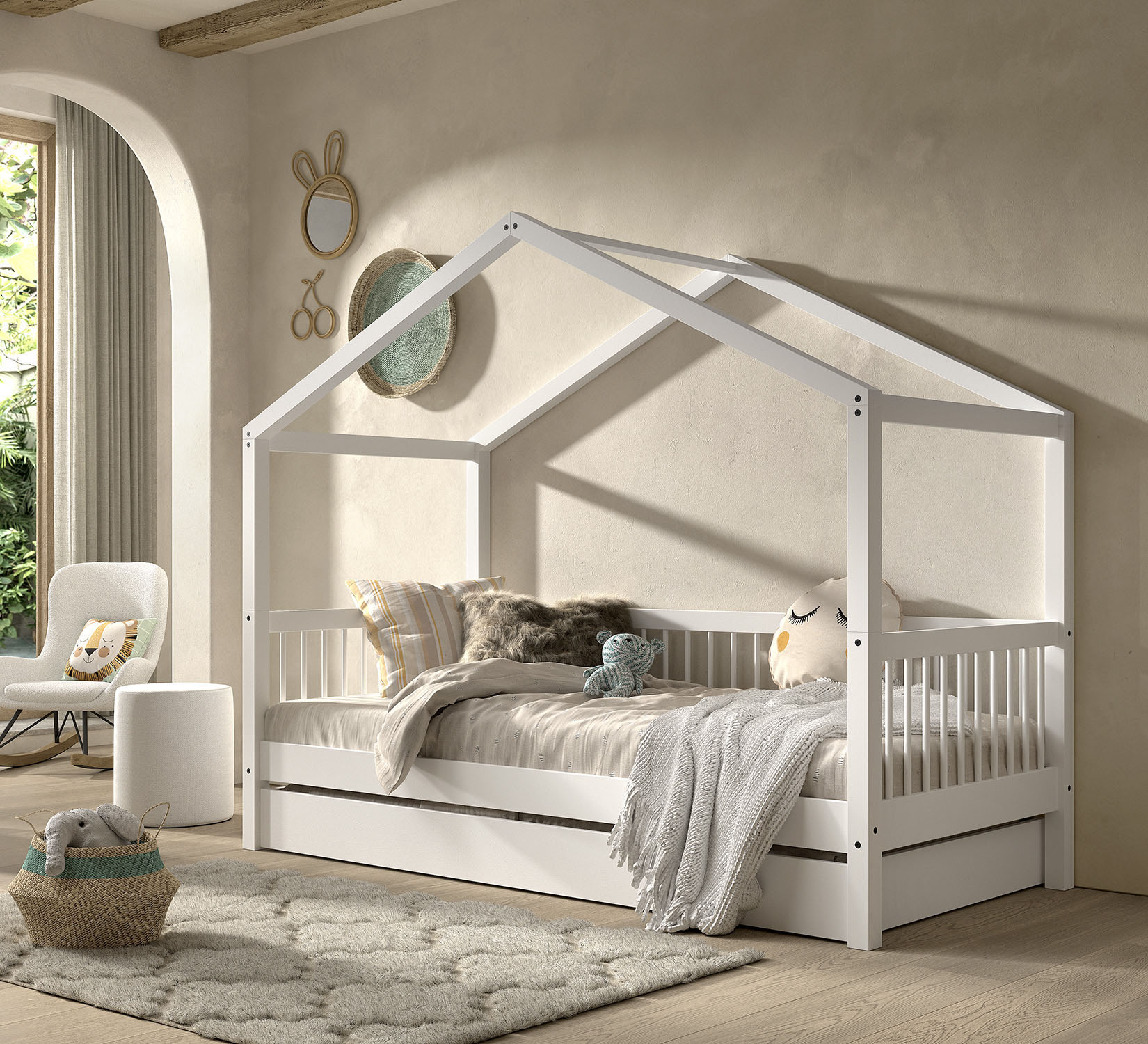 Vipack Hausbett Made in Europe, mit LF 90x200 cm, wahlweise mit o. ohne Bettschublade, Buche weiß