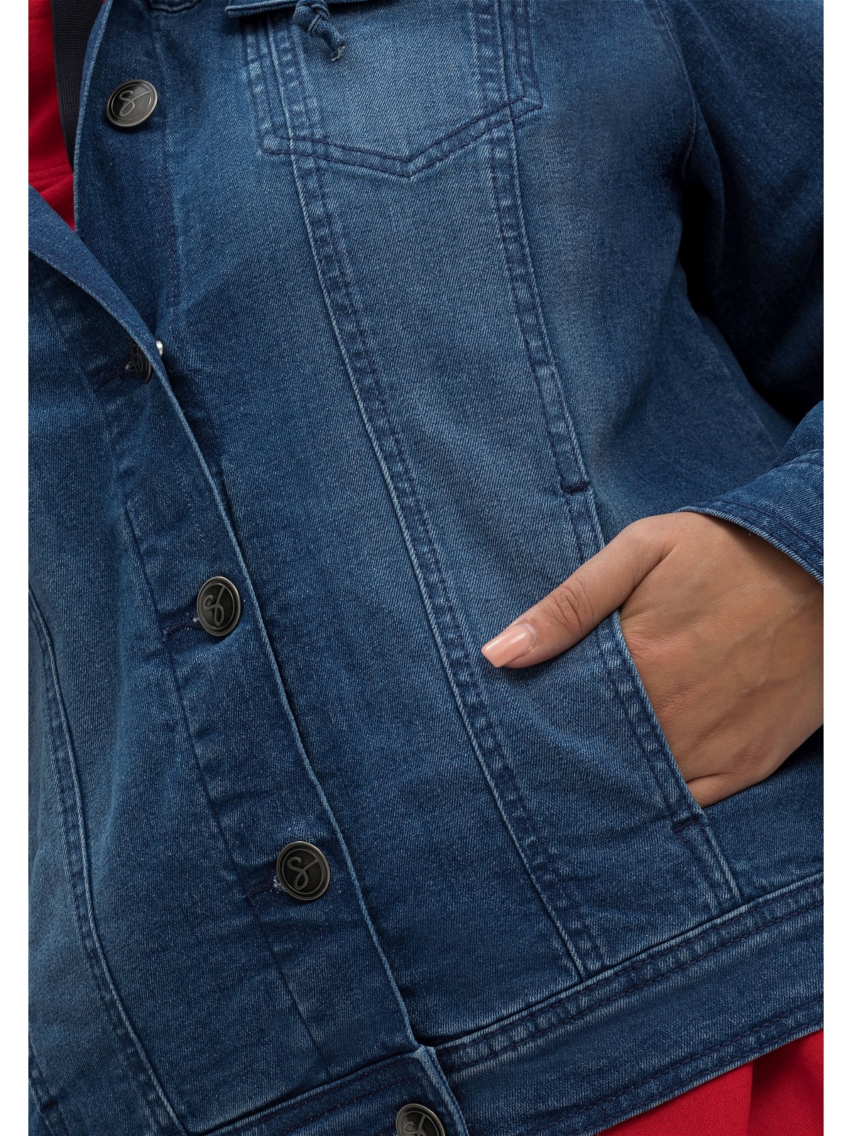 Kapuze in »Große | Jeansjacke für Form, kurzer mit bestellen Sheego Größen«, mit Kapuze, BAUR