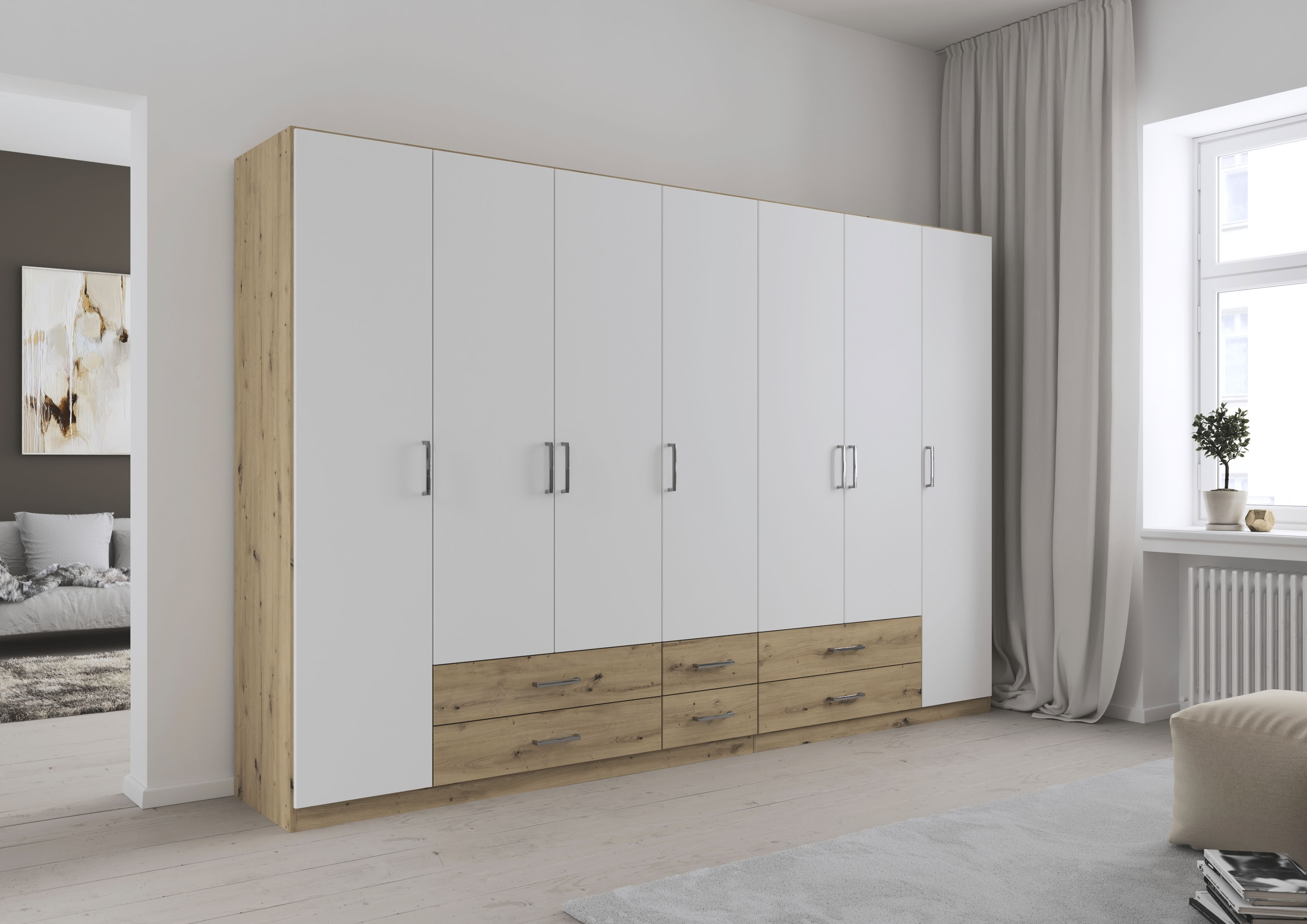 rauch Drehtürenschrank "Kleiderschrank Garderobe GAMMA Breiten 315 cm" in 3 Ausstattungen BASIC/CLASSIC/PREMIUM (inkl. SOFT-CLOSE-Funktion), mit Schubladen, verschiedene Griff-Varianten TOPSELLER MADE IN GERMANY