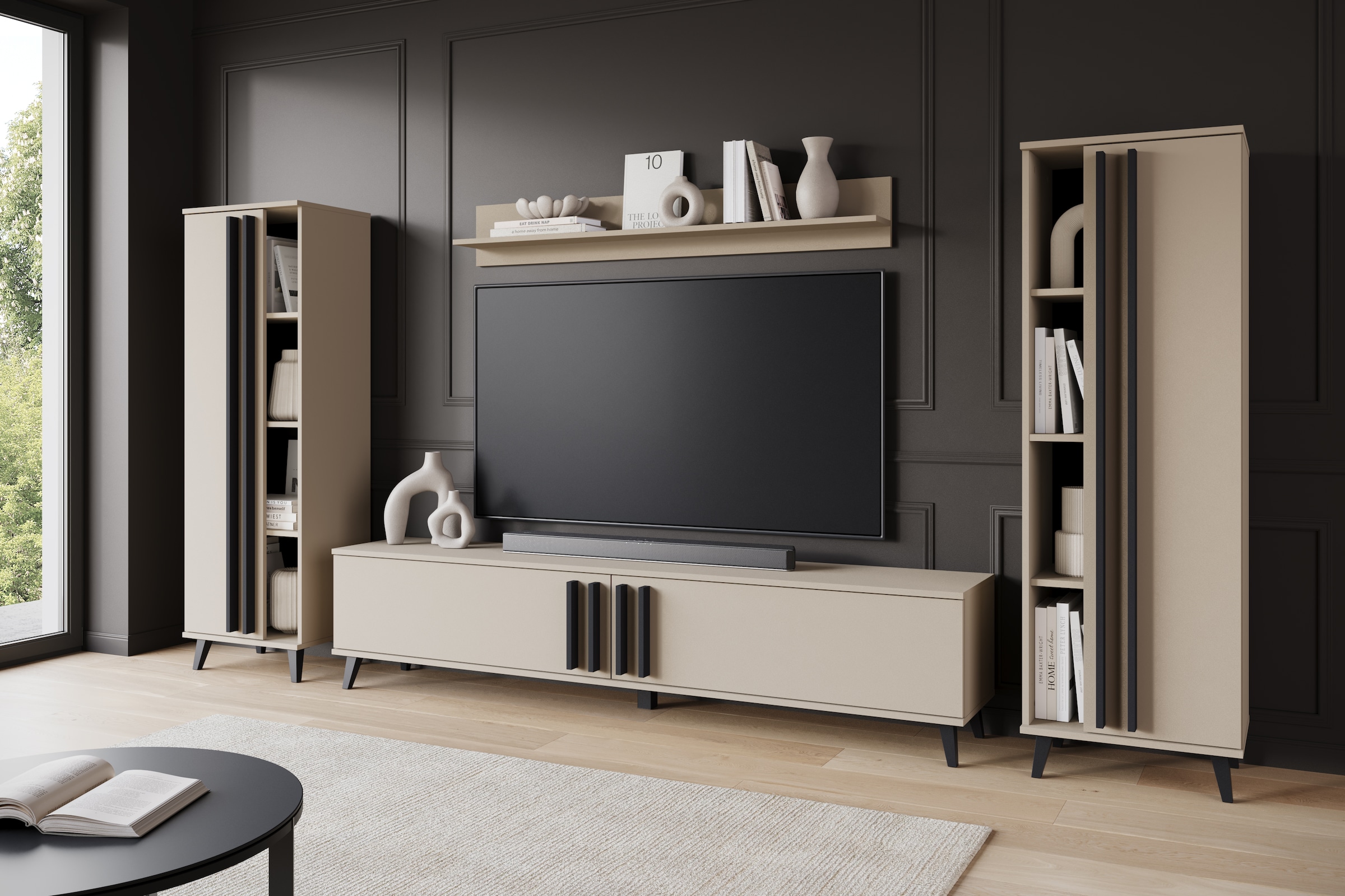 INOSIGN Wohnwand »Helsinki, Modernes Möbelset«, (Komplett-Set, 4 St.), mit lamellengriffen, verstellbaren Einlegeböden und Kunststofffüßen