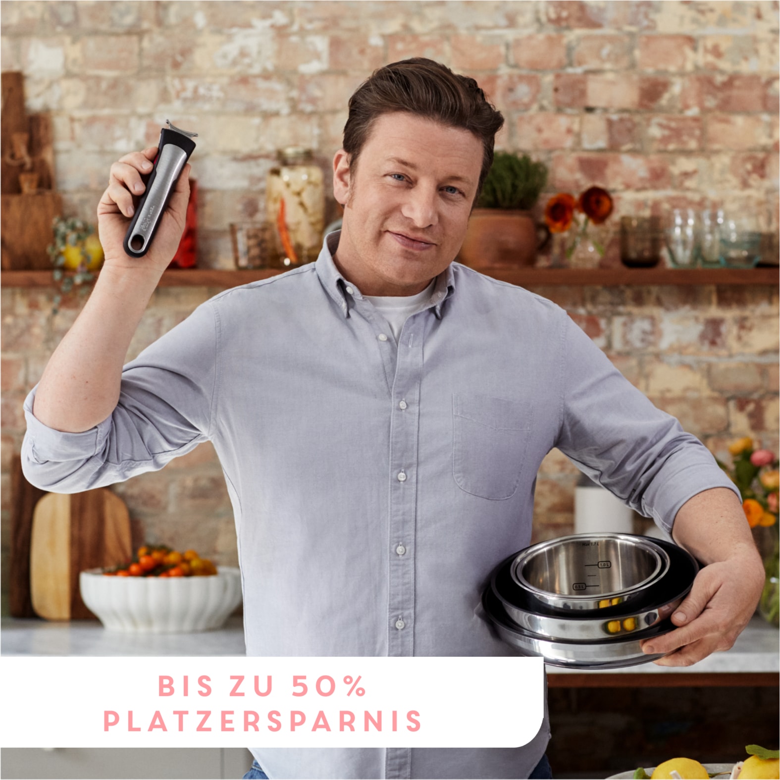 Tefal Pfannen-Set »Jamie Oliver Ingenio G6«, Edelstahl, (Set, 3 tlg., je 1 Bratpfanne 24 und 28 cm, 1 Griff), backofengeeignet bis 250Â°C ohne Griff,Schüttrand, Induktion