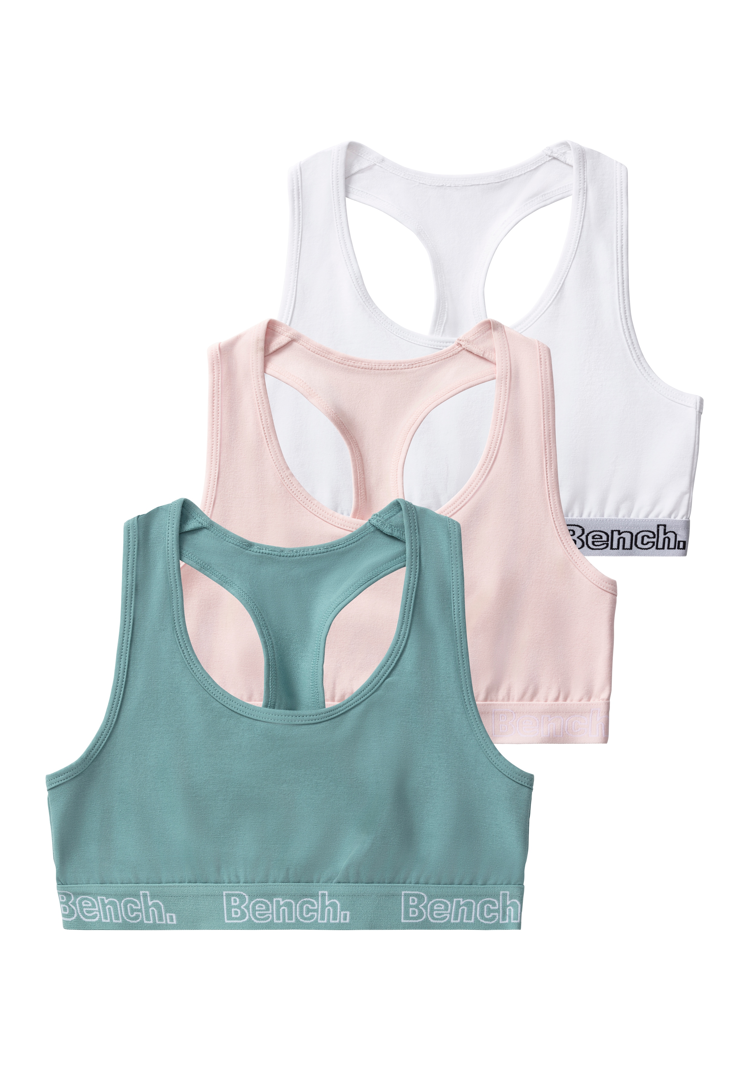 Bench. Bustier Packung, 3 Stk. unifarben, Bündchen mit Logoschriftzug, Ringerrücken